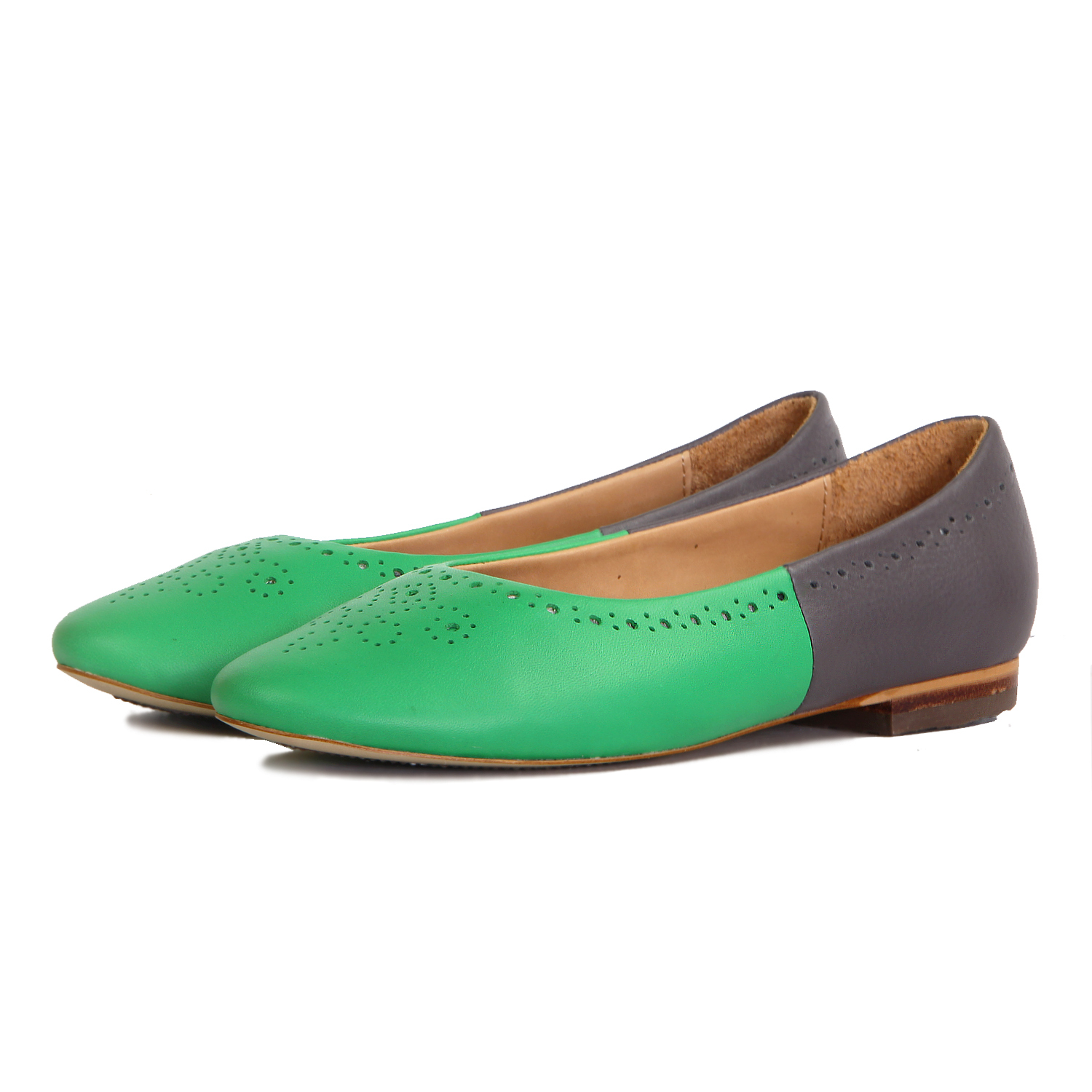 Brogue Leather Ballet Flats W1042A LakeGreen Dimgrey