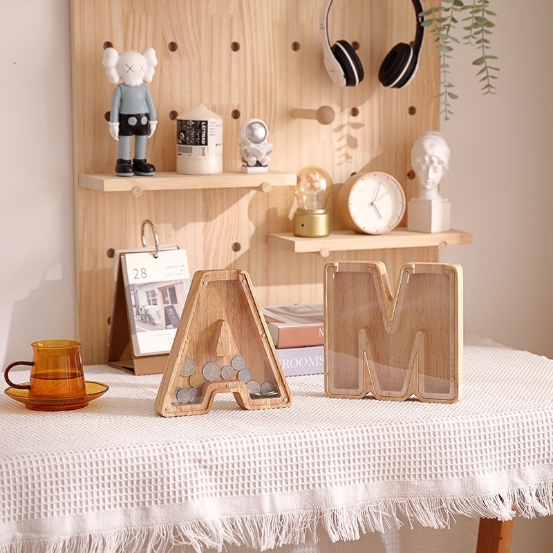 《1507》英文字母木質透明存錢筒擺件