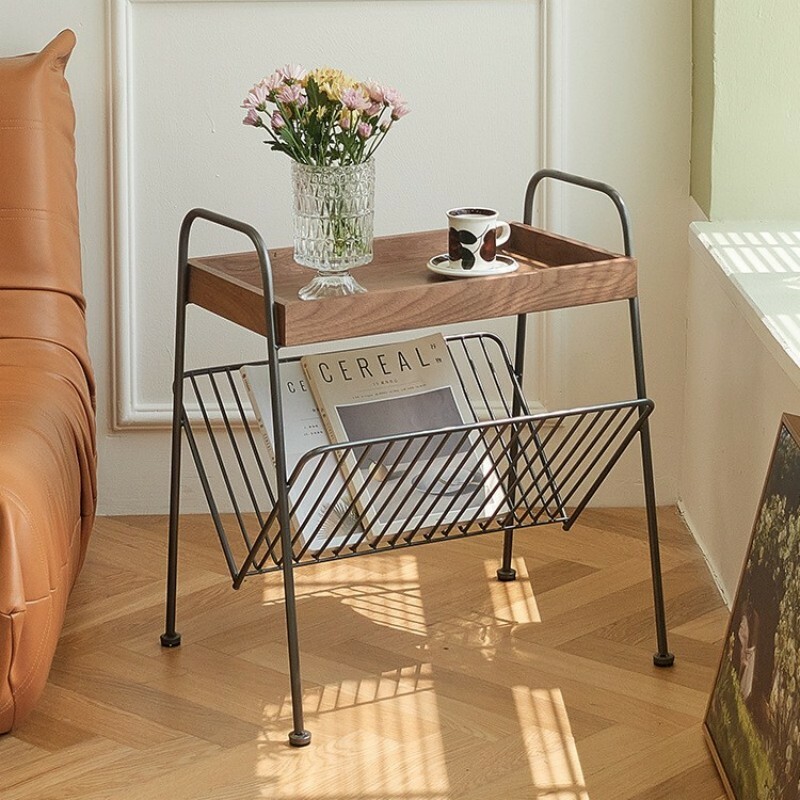 《1508》復古桃木色鐵藝雜誌架玄關邊桌