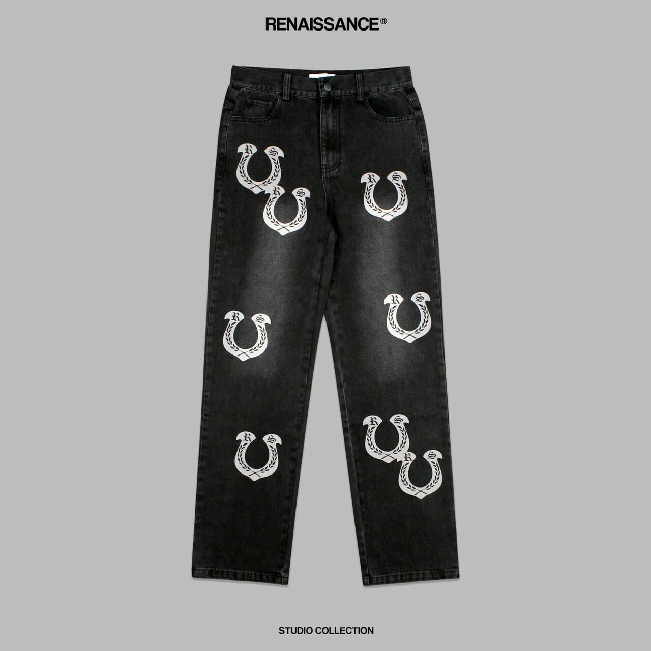 RENAISSANCE 馬蹄LOGO 麥穗 水洗黑牛仔褲 丹寧系列 “ U-SHAPED LAUREL BLACK DENIM JEANS ”