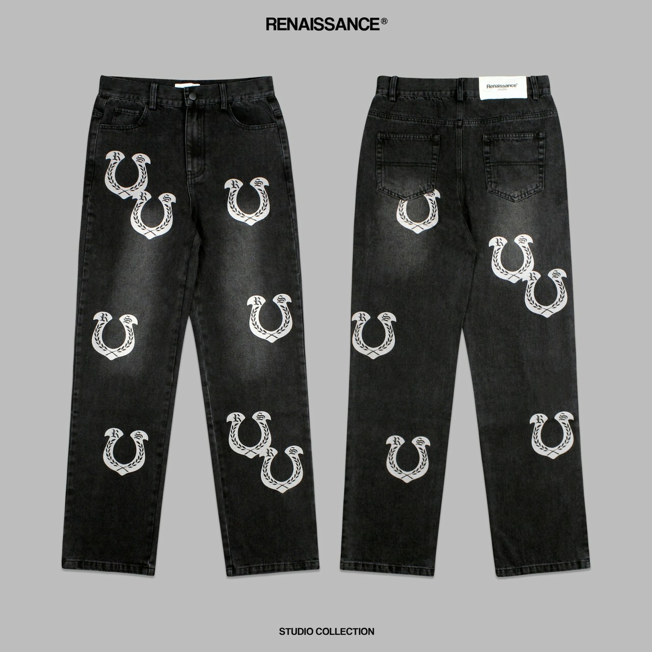 RENAISSANCE 馬蹄LOGO 麥穗 水洗黑牛仔褲 丹寧系列 “ U-SHAPED LAUREL BLACK DENIM JEANS ”