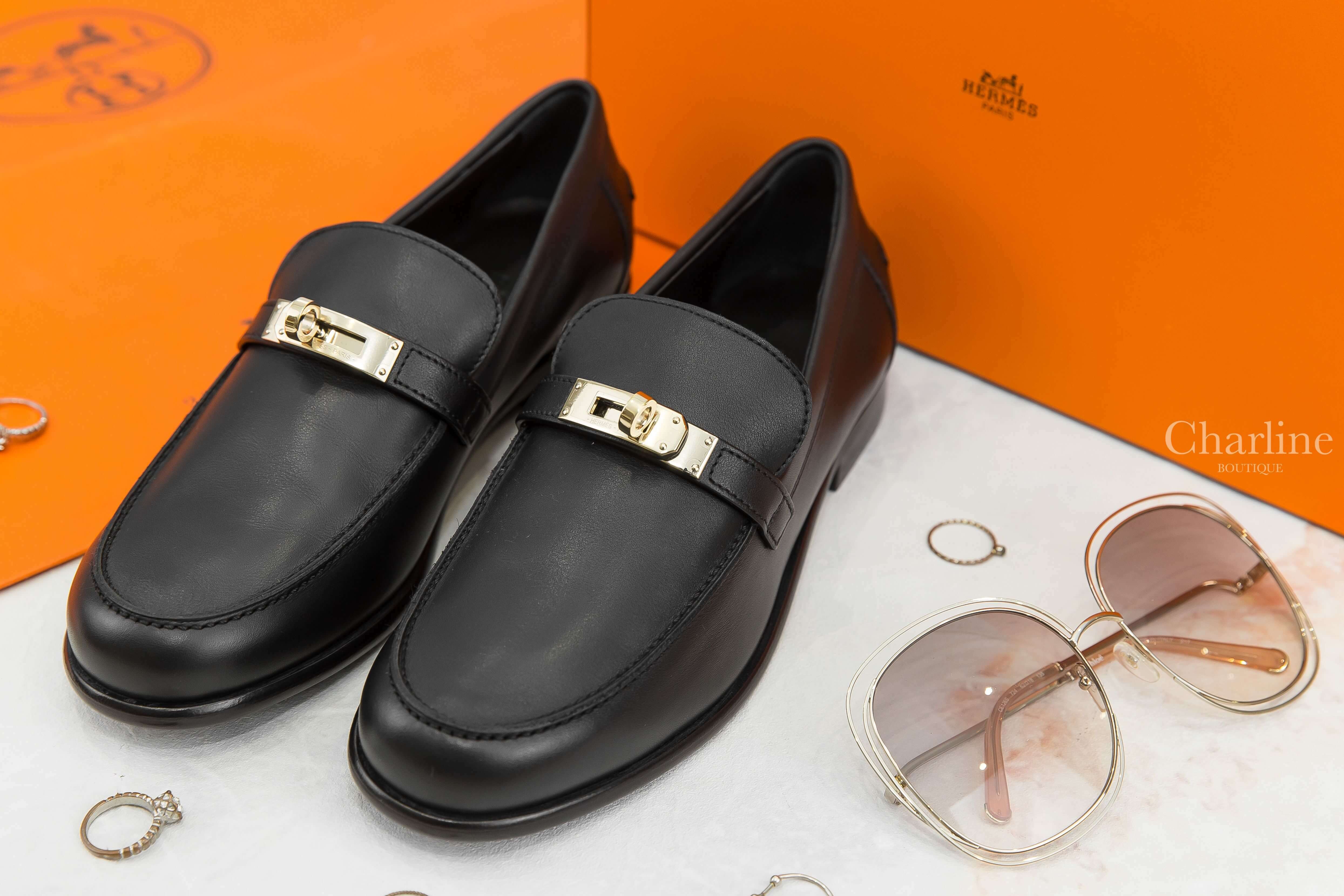 Hermès Destin Loafer 黑色淡金釦小牛皮樂福鞋-Charline Boutique 精品代購