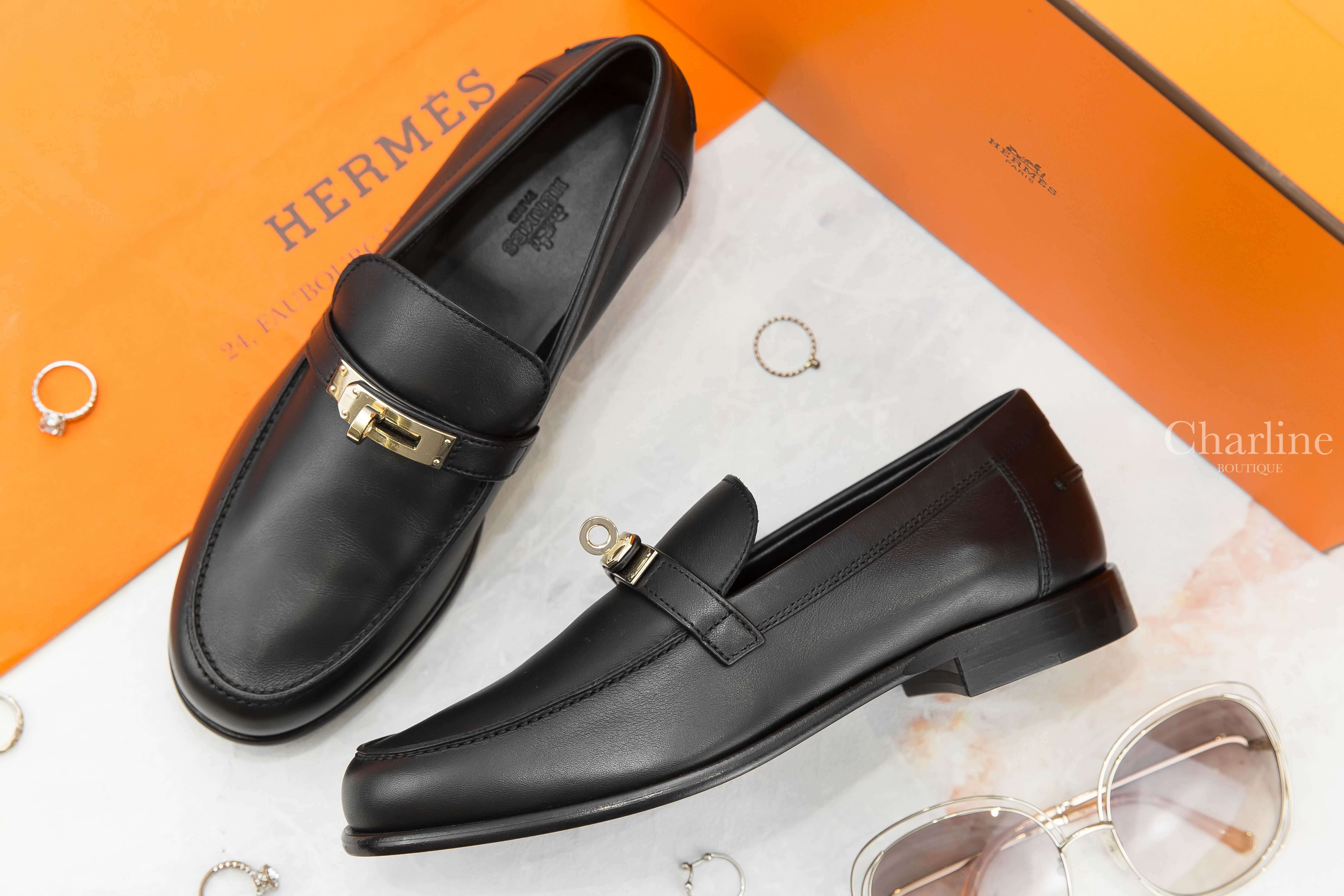 Hermès Destin Loafer 黑色淡金釦小牛皮樂福鞋-Charline Boutique 精品代購