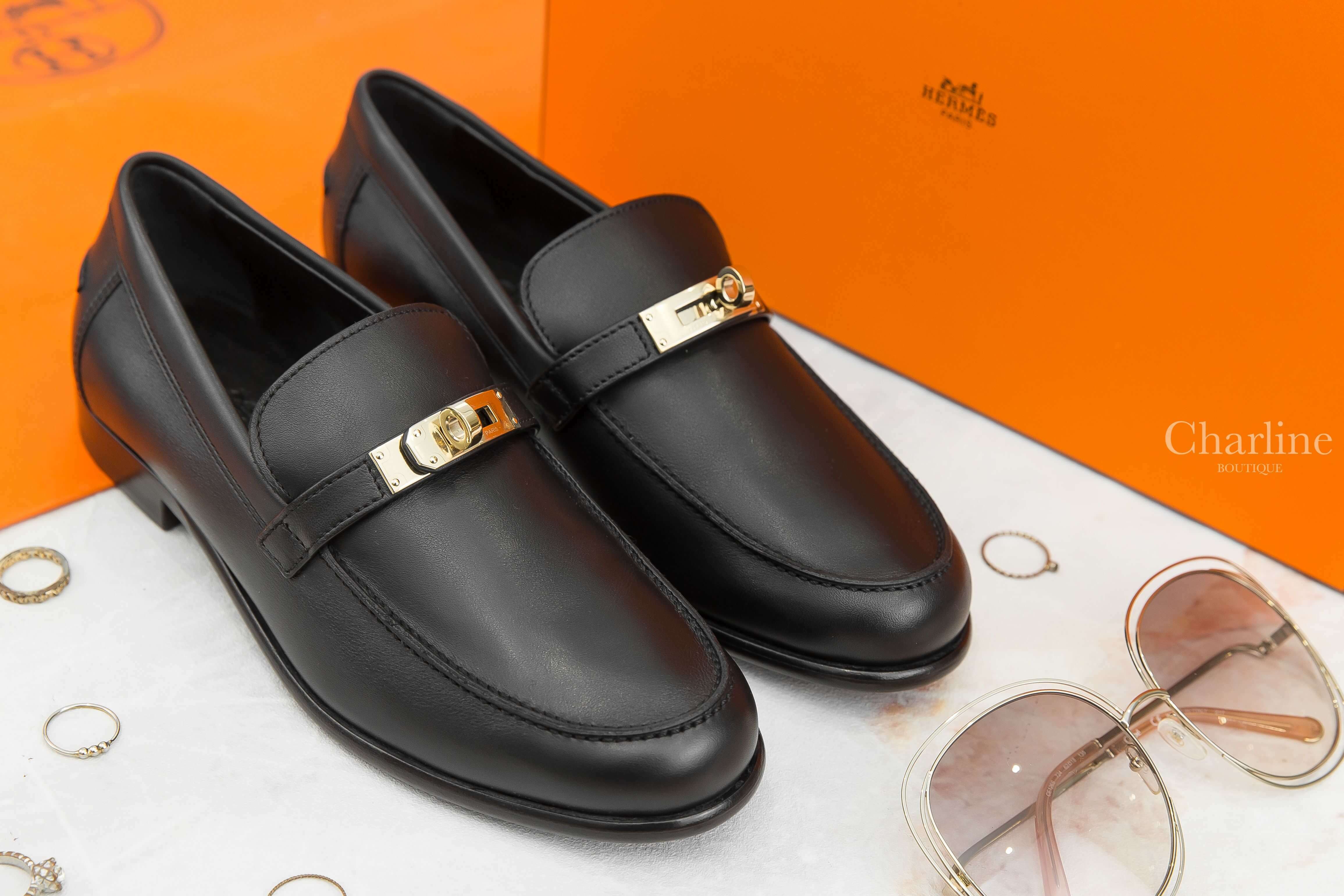Hermès Destin Loafer 黑色淡金釦小牛皮樂福鞋-Charline Boutique 精品代購