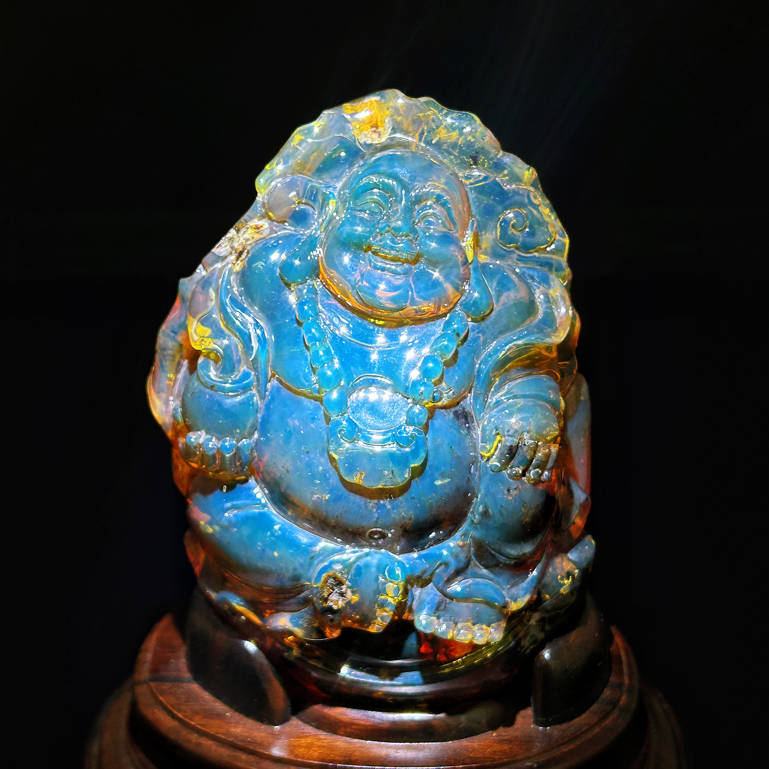 傳家級天然多明尼加天空藍琥珀彌勒擺件