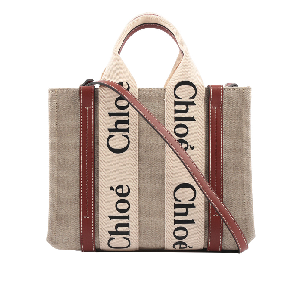 【Chloé】Woody 帆布拼牛皮手提/斜背小款二用托特包