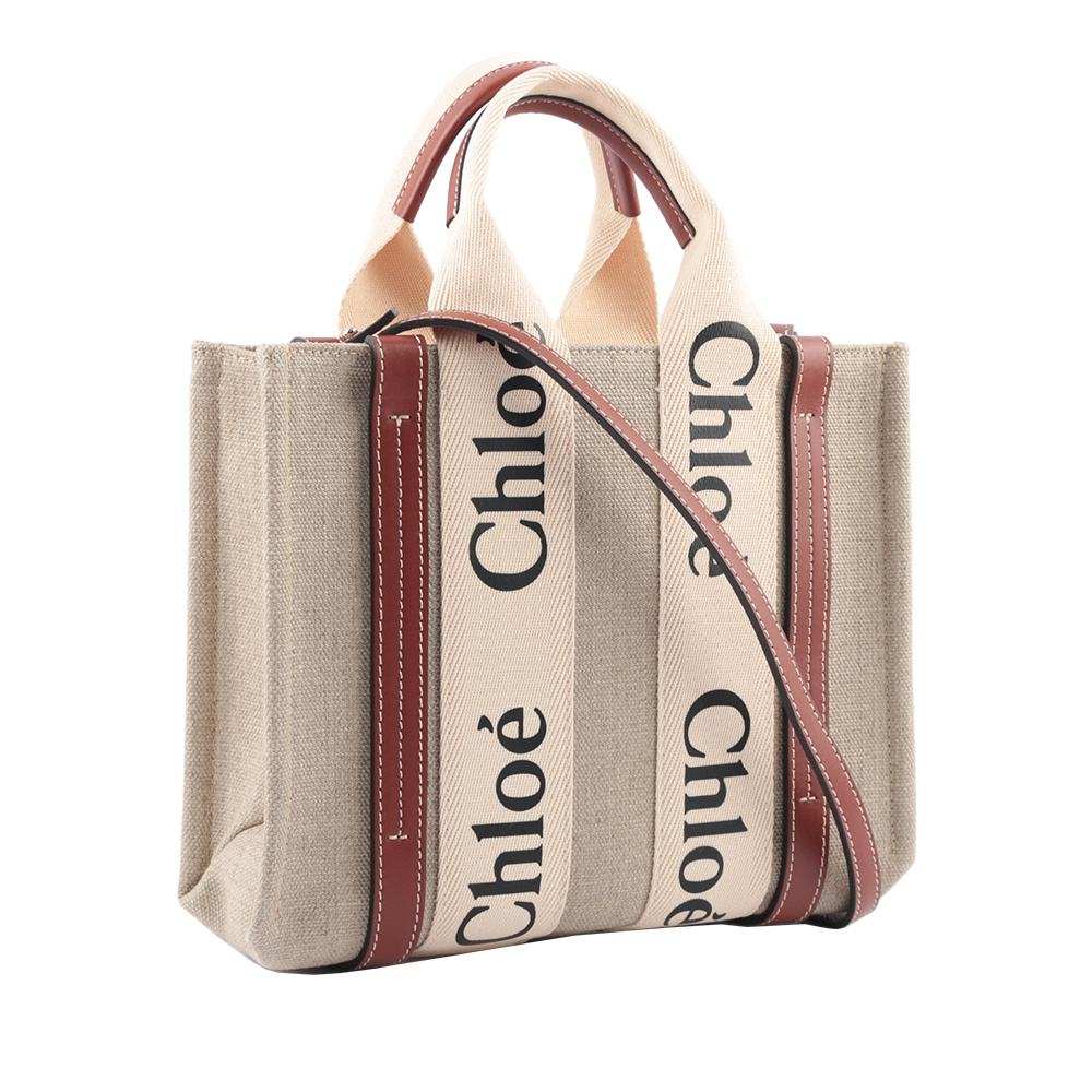 【Chloé】Woody 帆布拼牛皮手提/斜背小款二用托特包
