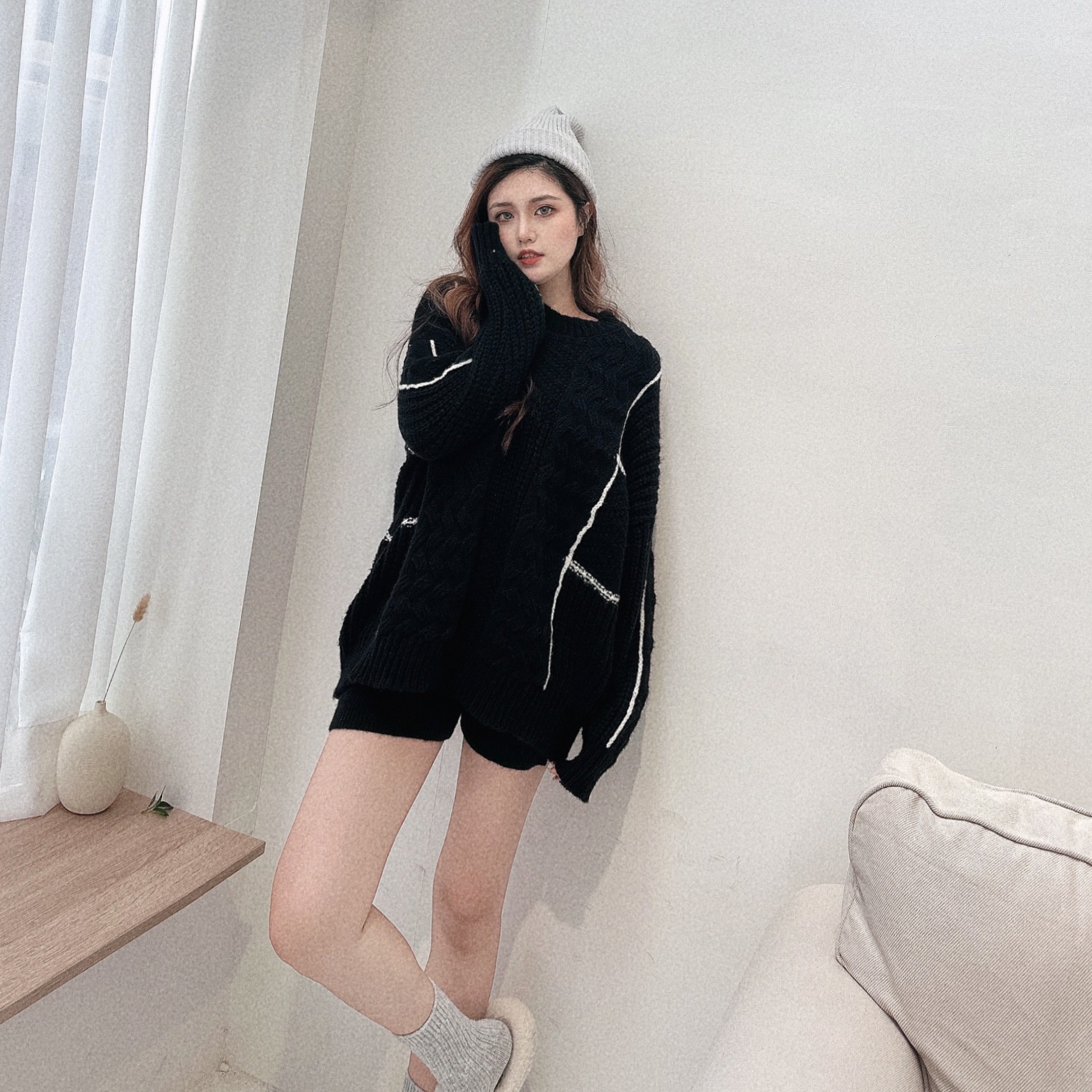 鬆軟線條麻花針織毛衣/二色