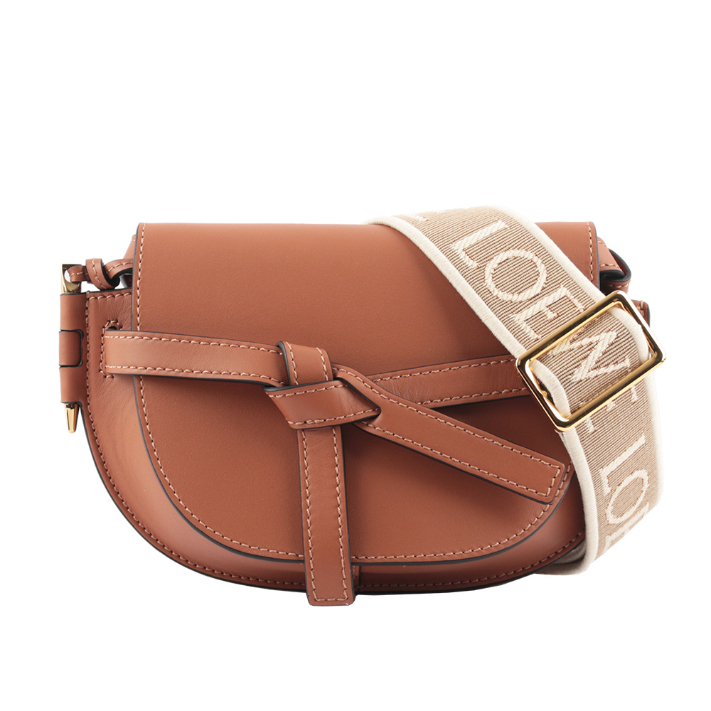 【LOEWE】Gate Mini 新款柔軟小牛皮緹花背帶馬鞍斜背/腰包(焦糖色)