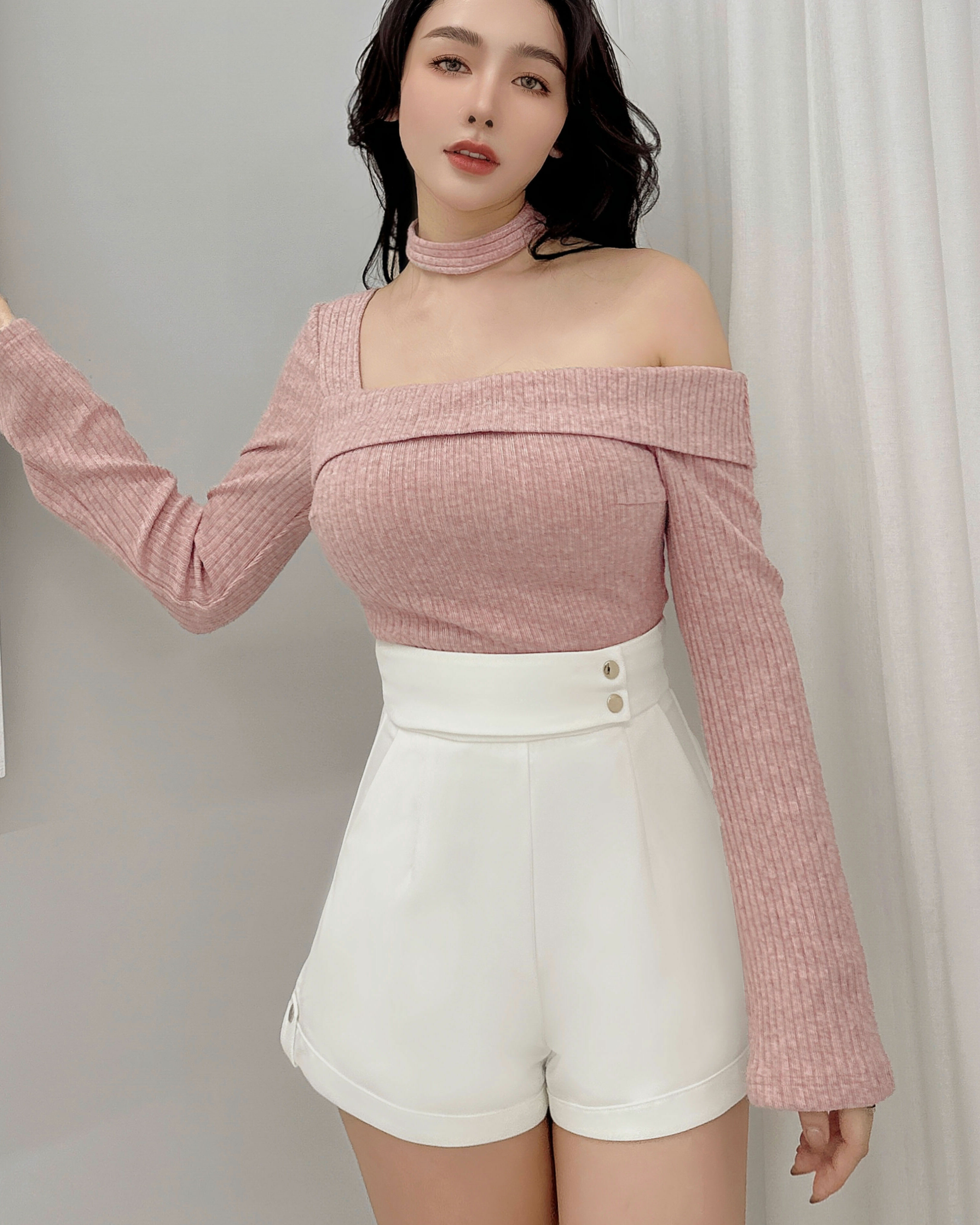 訂製-不對稱喇叭袖針織上衣（附圍脖）