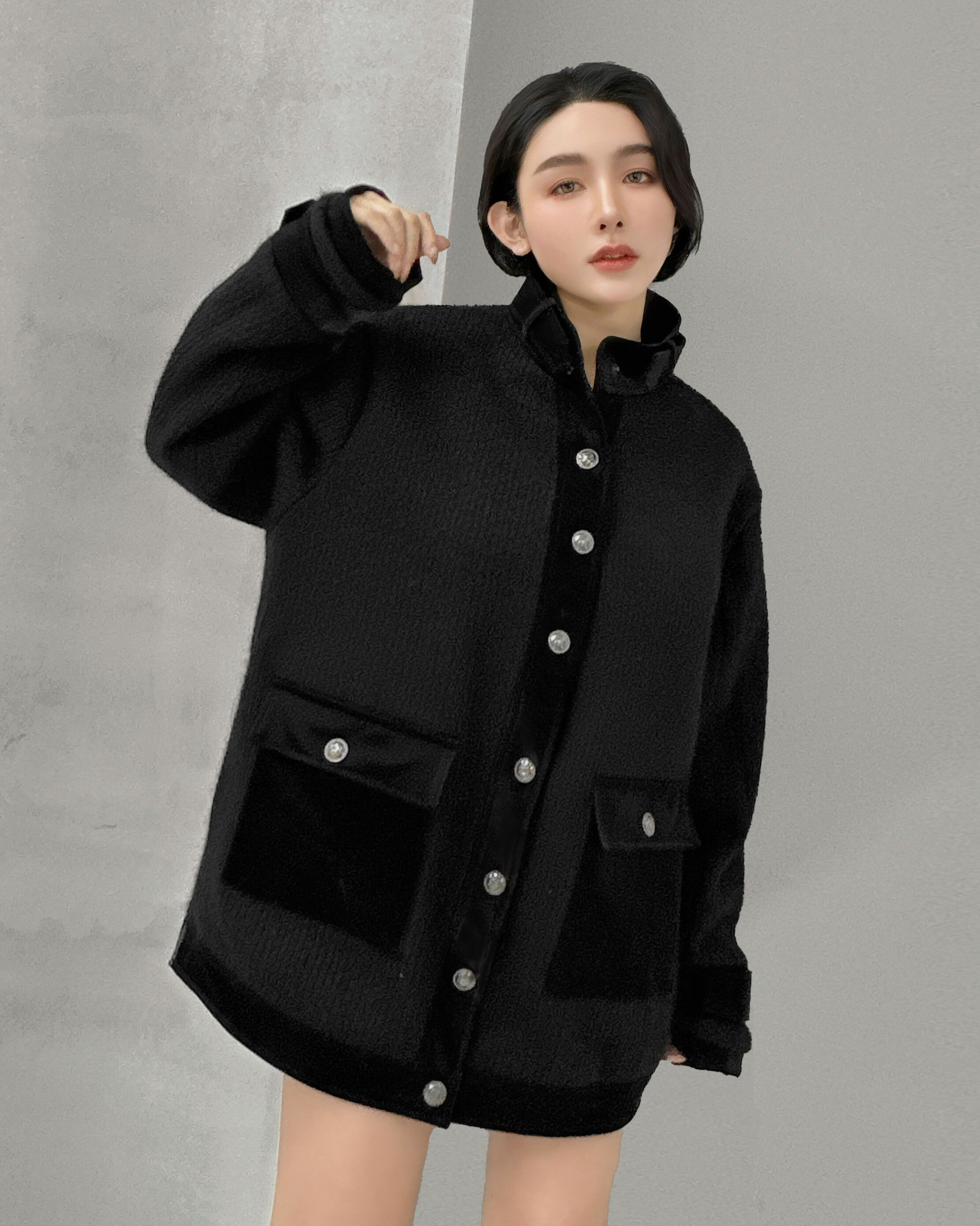 ⭒訂製-個性立領毛料皮拼接外套