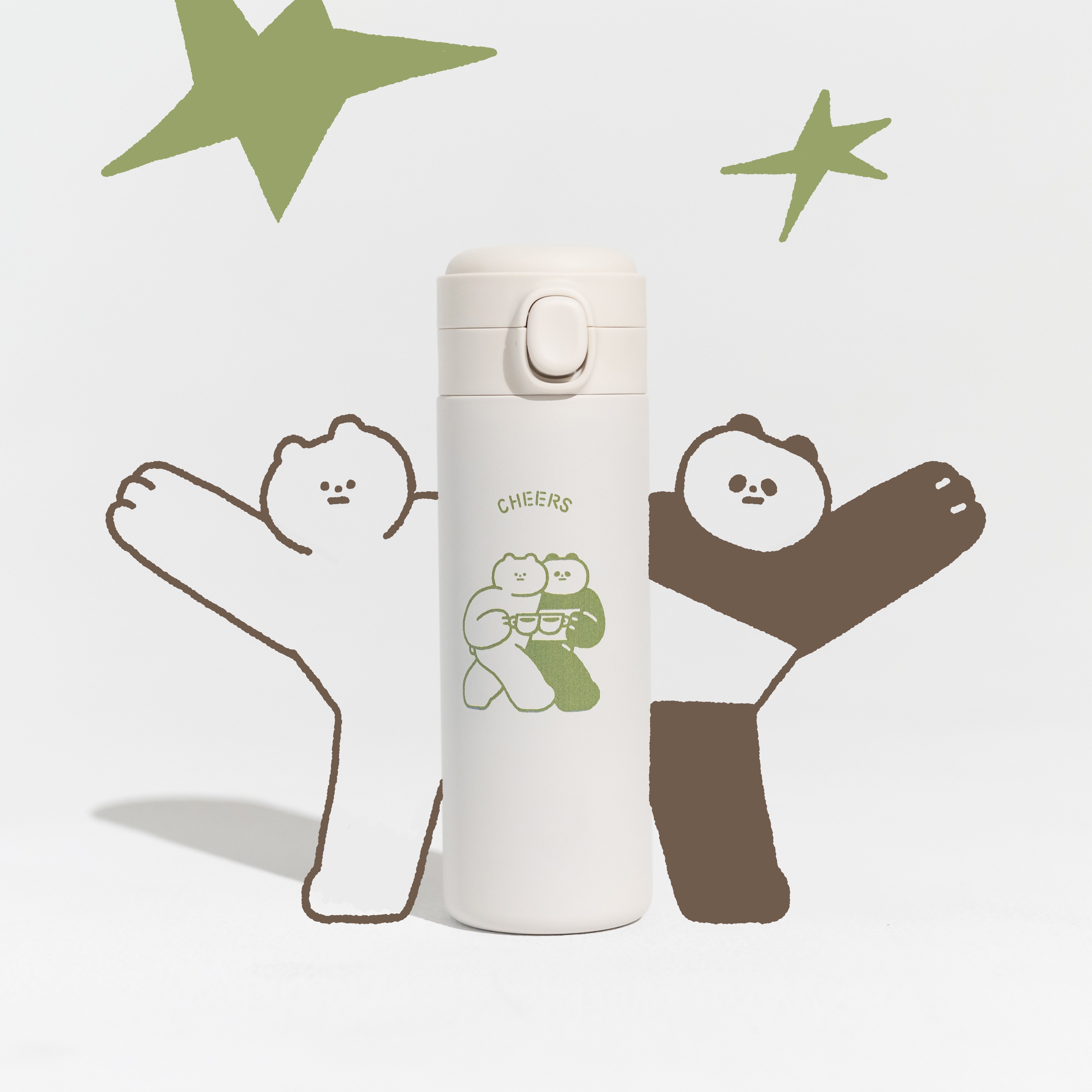 【小黃間x慢慢挑-熊陪伴Cheers】彈蓋內鈦陶瓷聯名保溫杯，超輕450ML|米白色（可裝咖啡、奶茶）
