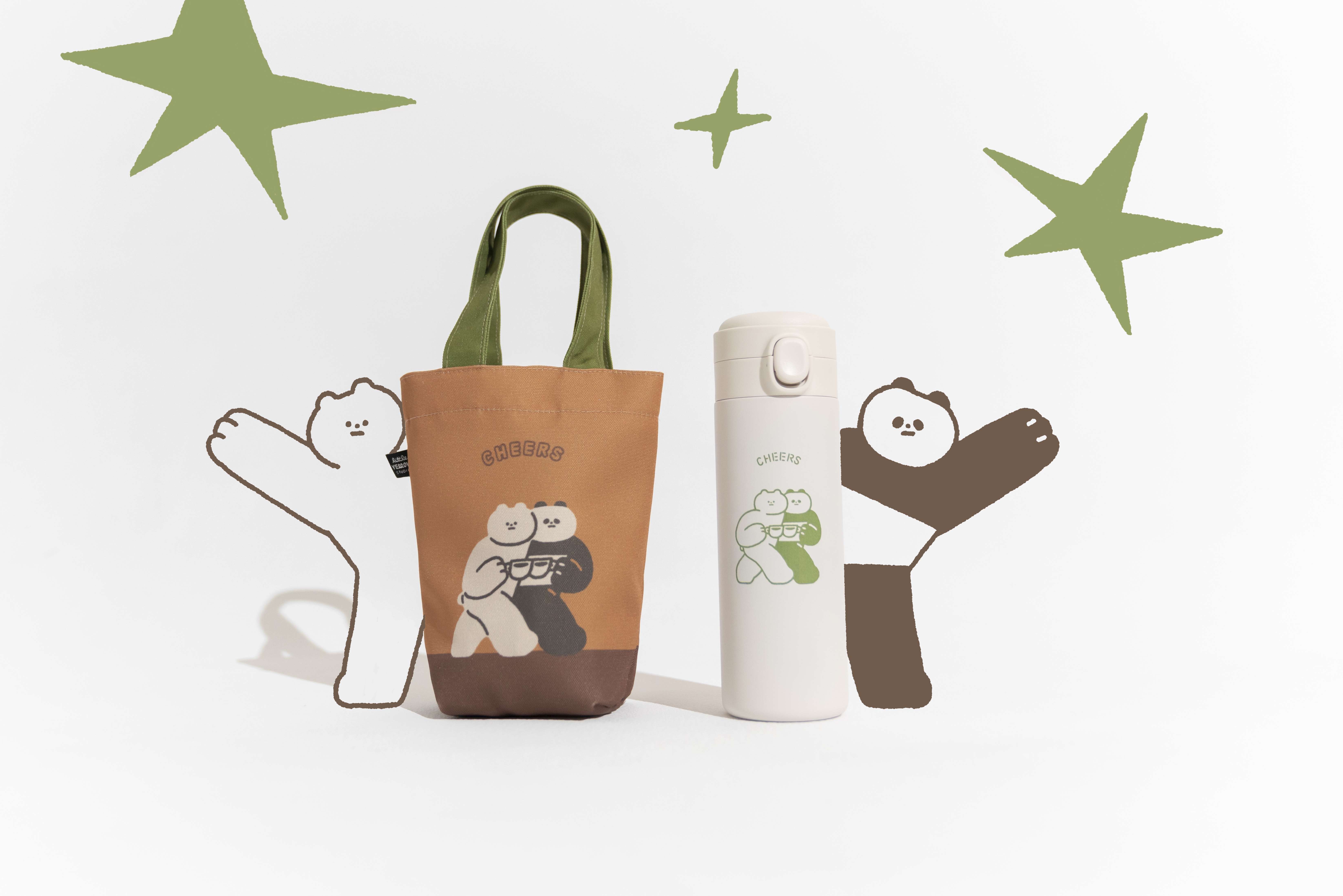 【小黃間x慢慢挑-熊陪伴Cheers】彈蓋內鈦陶瓷聯名保溫杯，超輕450ML|米白色（可裝咖啡、奶茶）