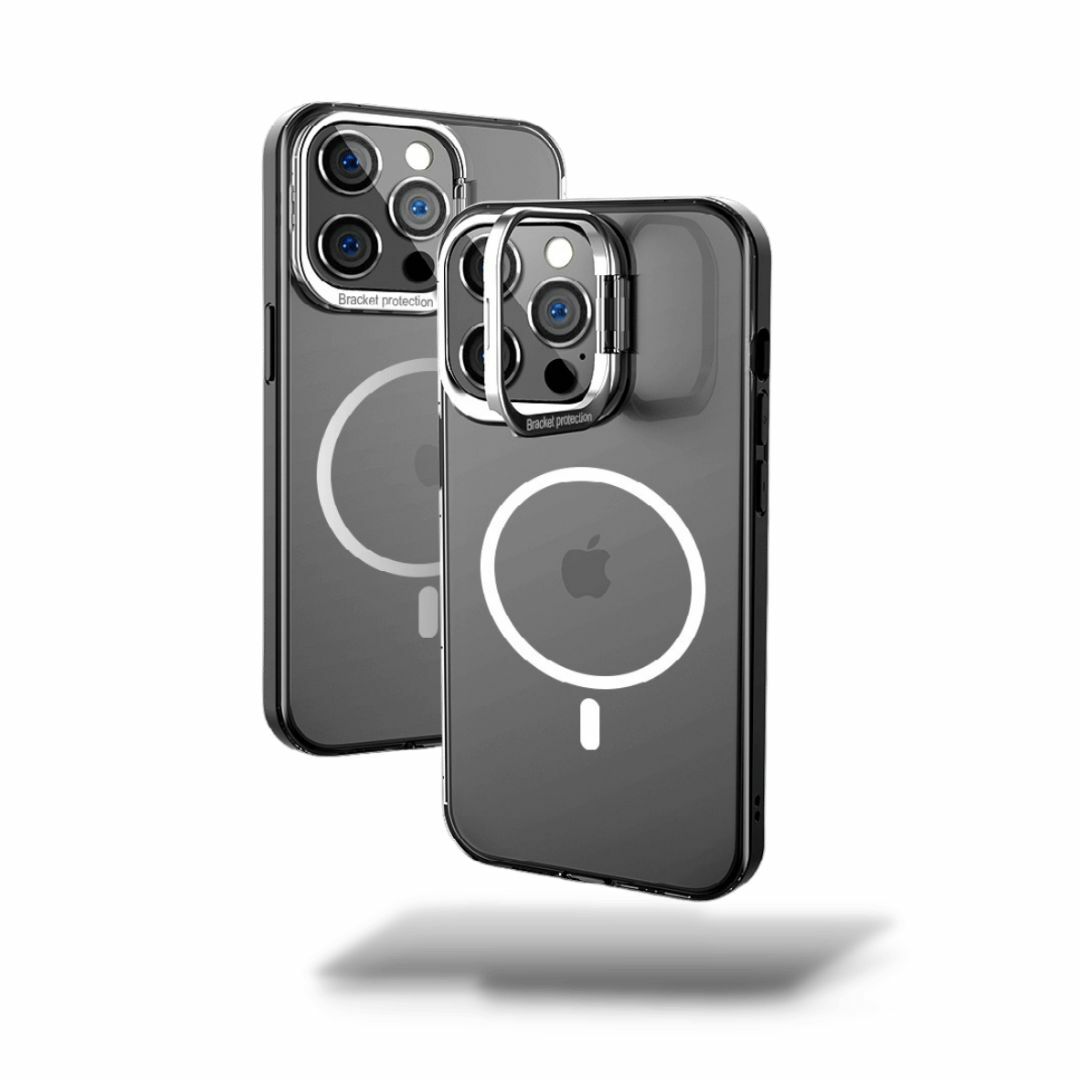 【隱形支架磁吸殼】翻蓋金屬鏡頭支架 半透磨砂防摔殼 /適用於 iPhone 15系列14系列/13系列/12系列