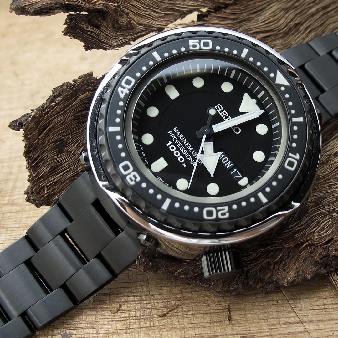 萬年鐘錶 - 太空人錶帶 SEIKO Tuna鮪魚罐頭 21.5mm代用超級三板式錶帶   21.5mm專用  全黑色實心不鏽鋼錶帶  SS211820BLC044