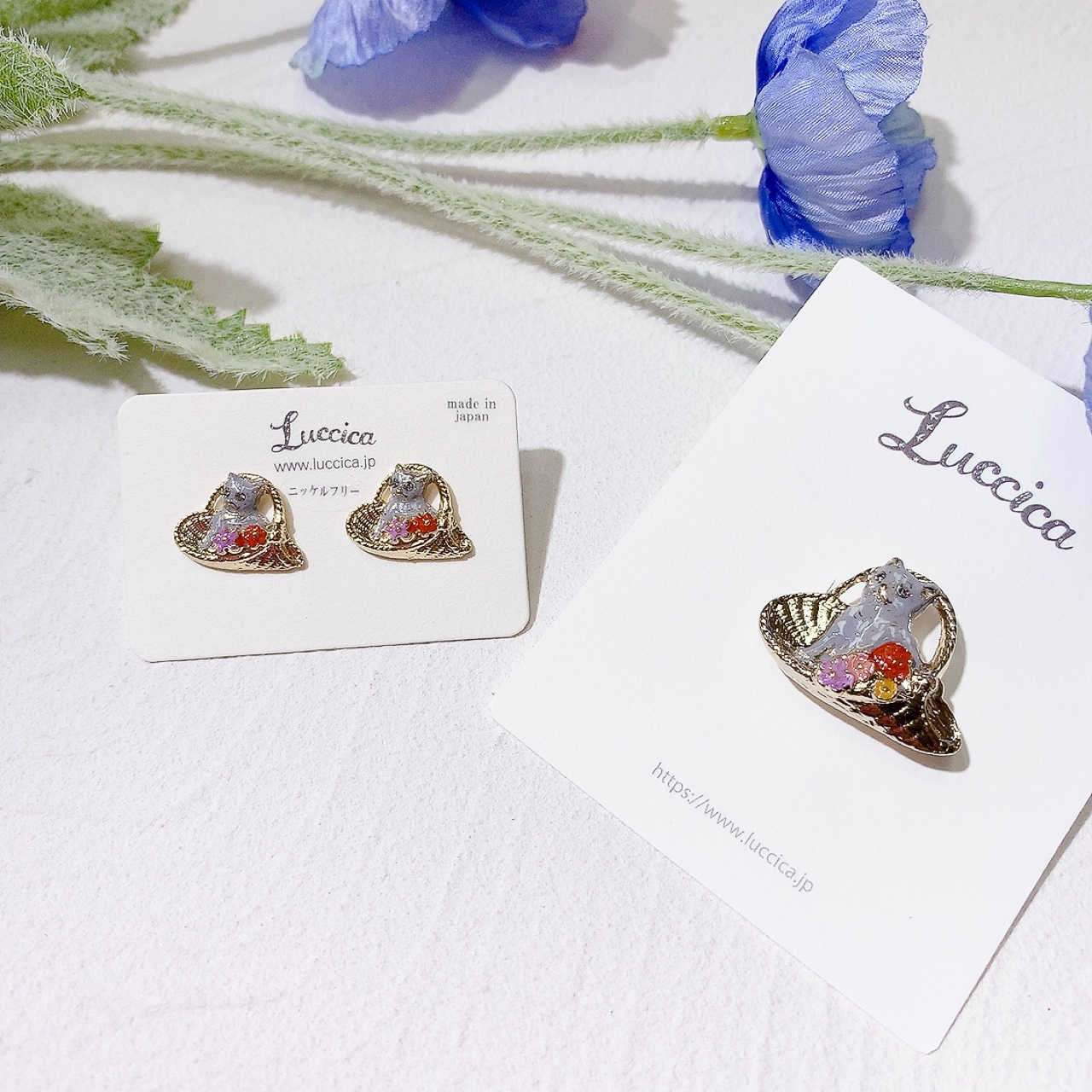 Luccica 貓與花籃耳環/心口針