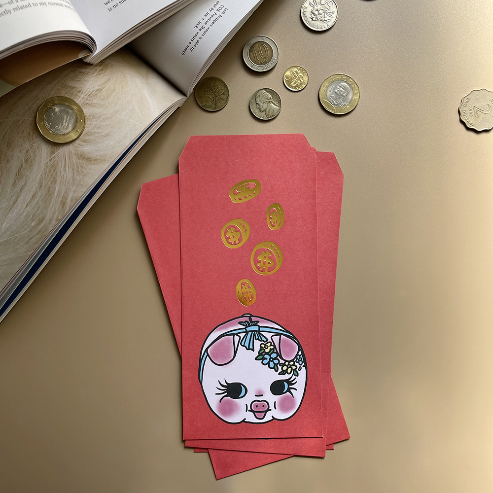 大豬公櫻桃紅手工燙金紅包袋