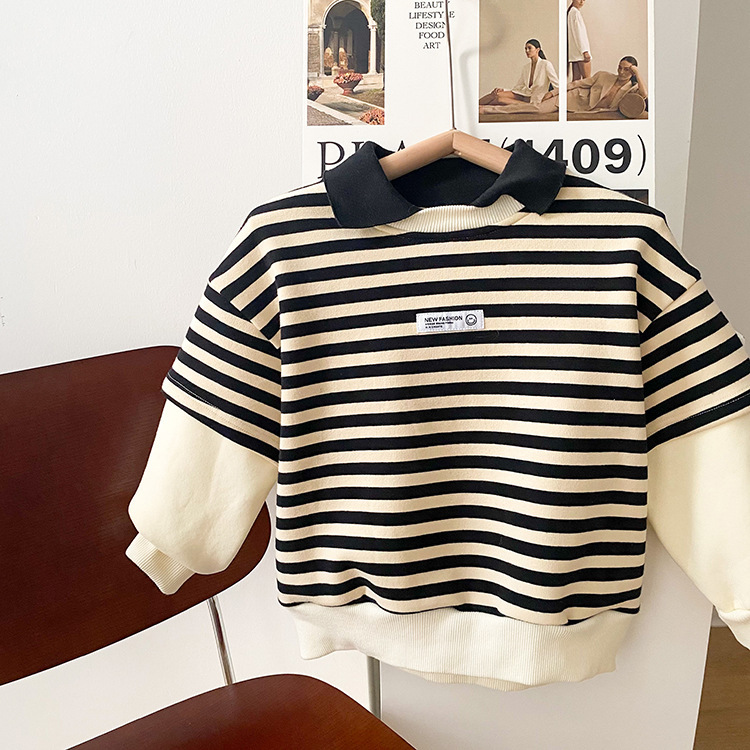 <加絨款> 假兩件條紋貼標翻領上衣