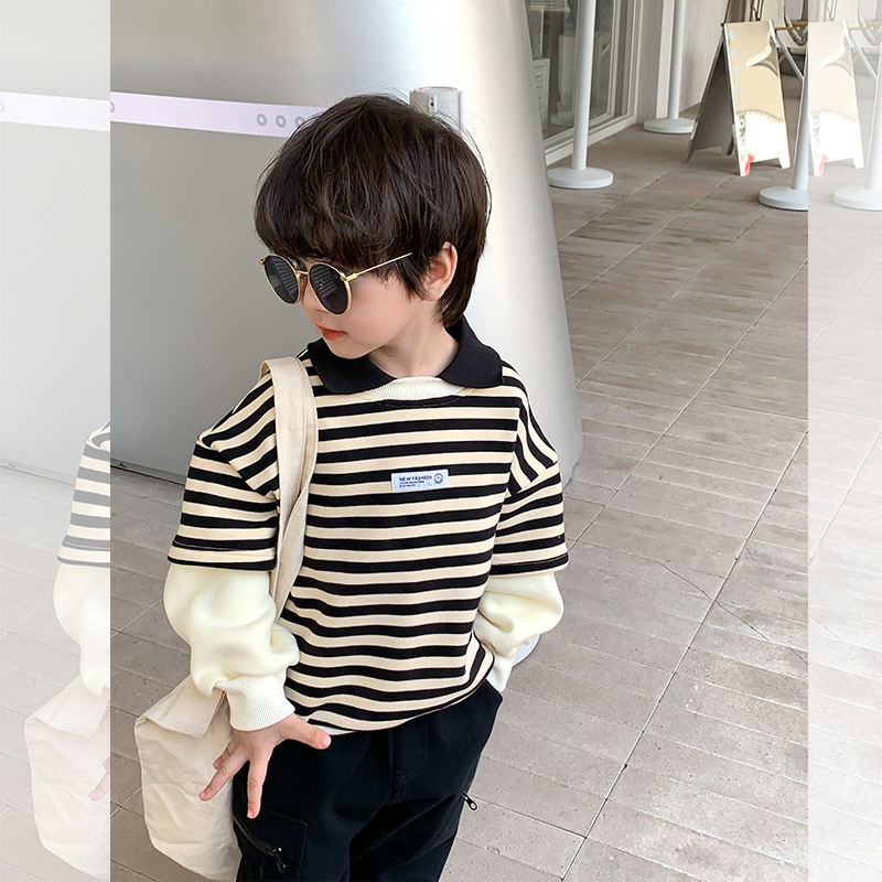 <加絨款> 假兩件條紋貼標翻領上衣