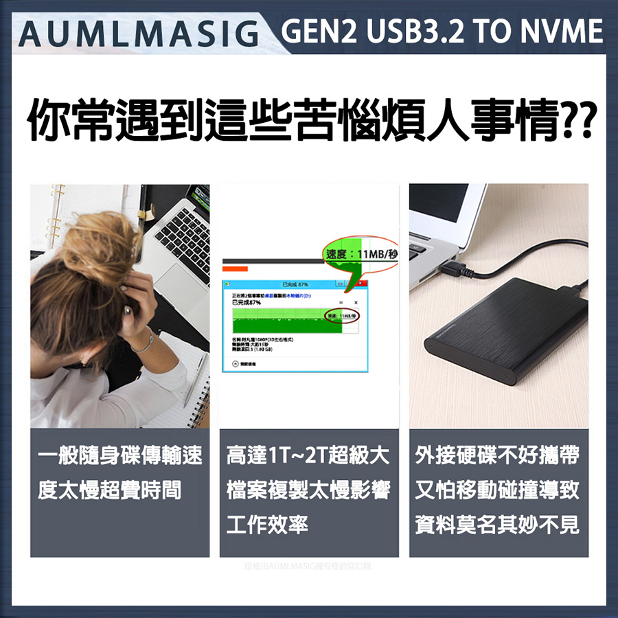免運送到府【AUMLMASIG】10Gbps的傳輸速度開啟隨身高速時代 GEN2 USB3.2 轉 NVME / SATA雙協議 M.2 SSD固態硬碟隨身盒 / 支持兩種SSD規格-SATA/NVEM兩種/10Gbit/s頂速傳輸/免驅動隨插即用/高速行動硬碟/隨身碟