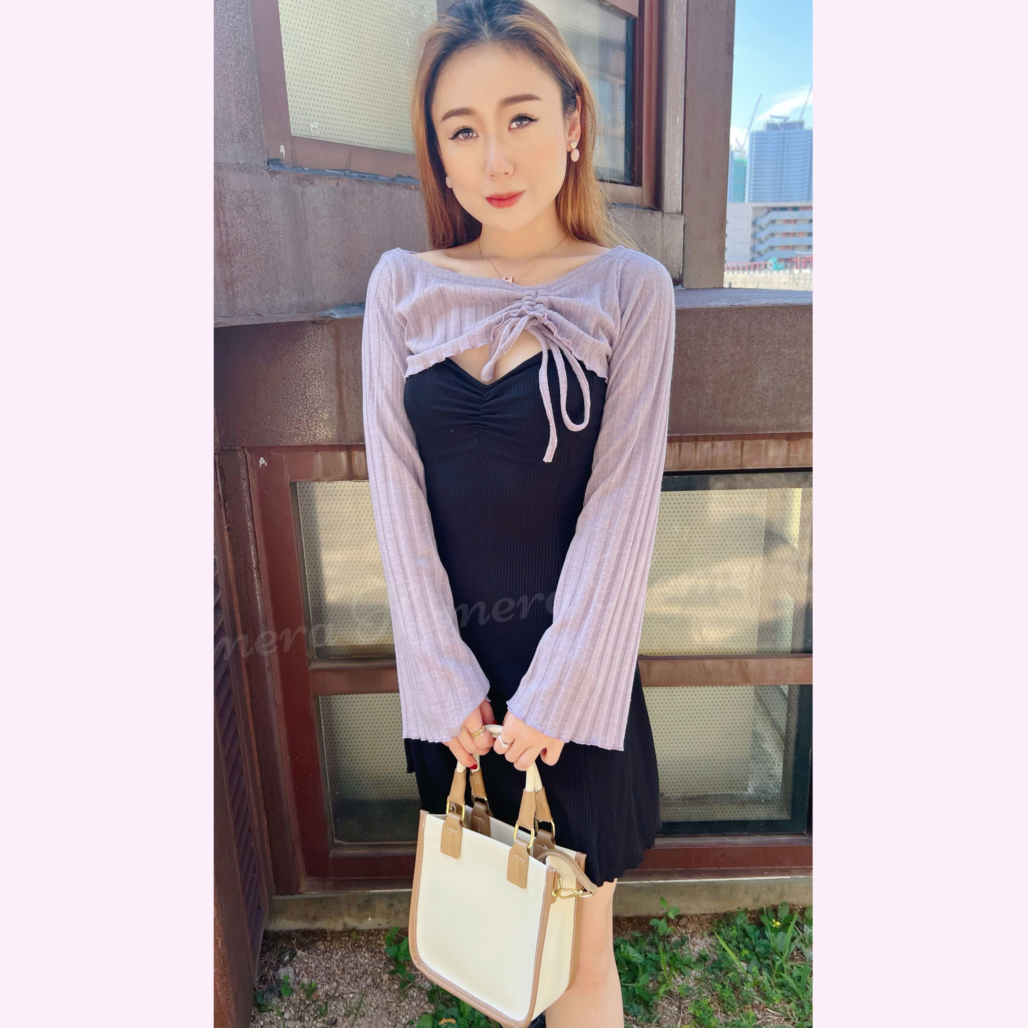 ST22W1207 短版抽繩微喇吧手袖外襯加吊帶木耳裙邊彈性裙