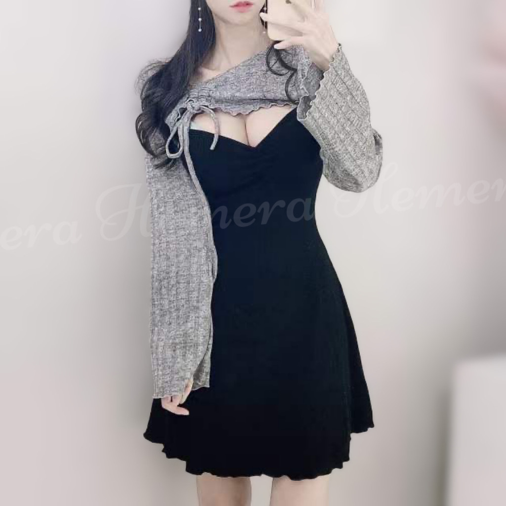 ST22W1207 短版抽繩微喇吧手袖外襯加吊帶木耳裙邊彈性裙