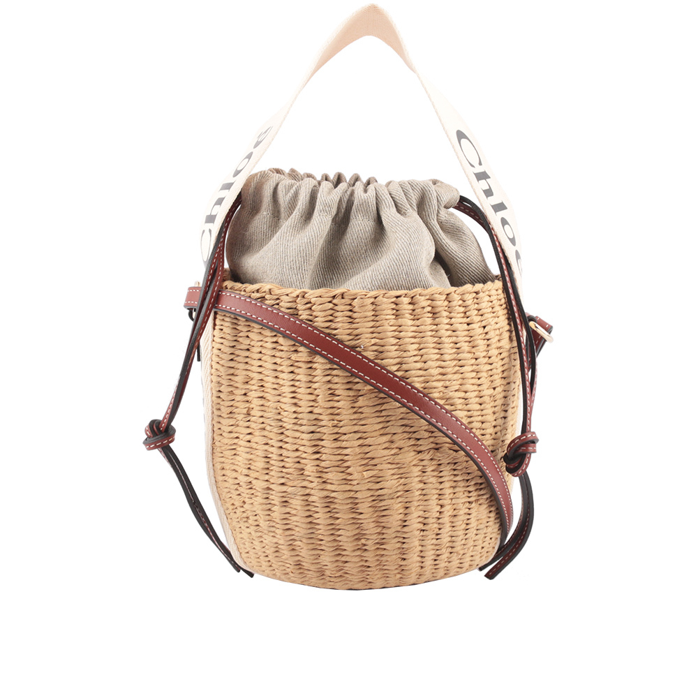 【Chloé】Woody 緞帶飾邊編織束口水桶包(自然色/白色)