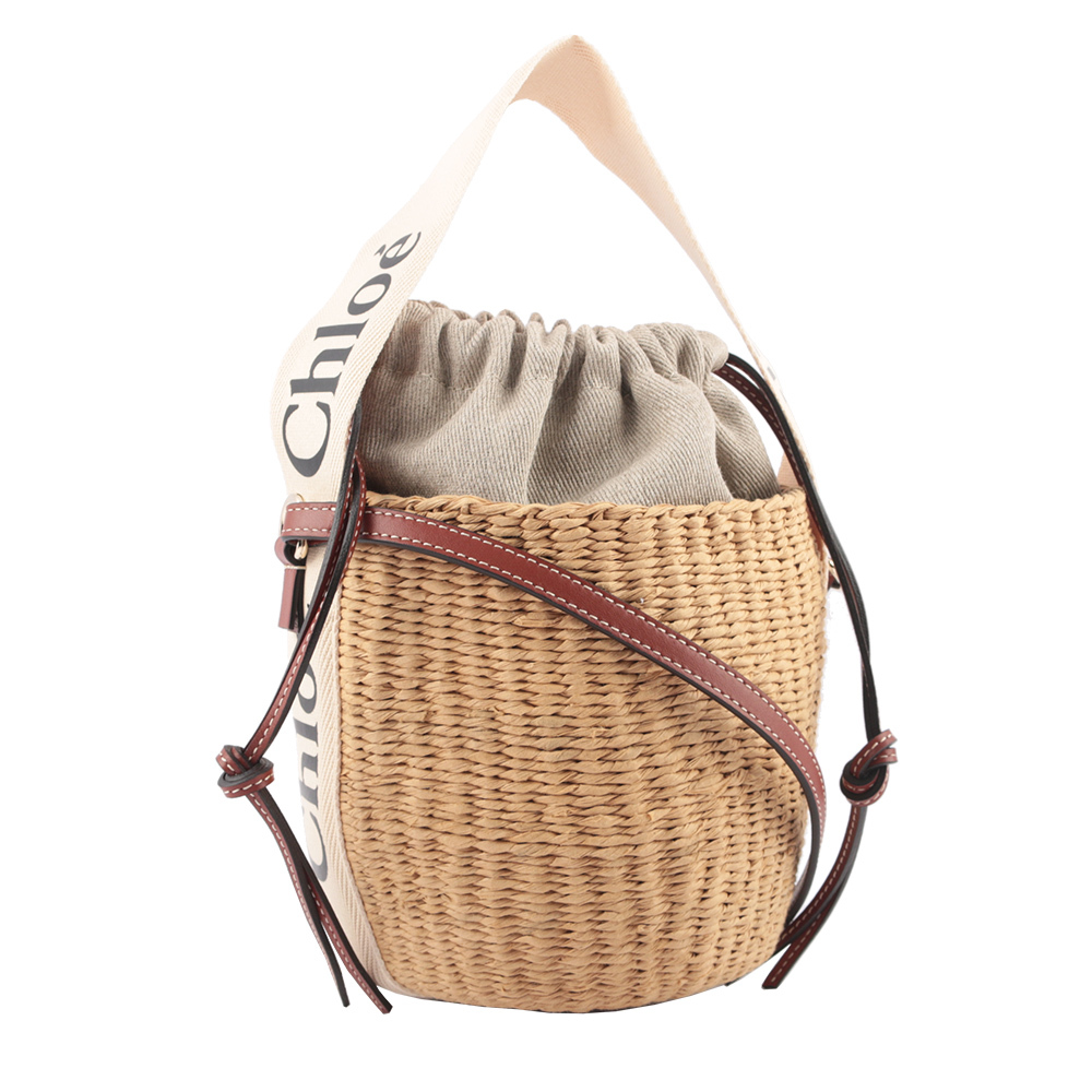 【Chloé】Woody 緞帶飾邊編織束口水桶包(自然色/白色)