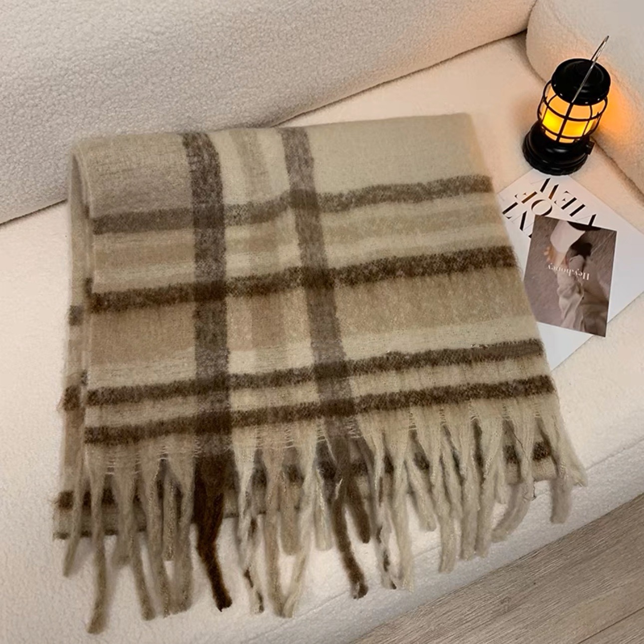 軟綿親膚羊絨格紋圍巾/四色/海毛/厚實感/保暖/軟Q/柔軟