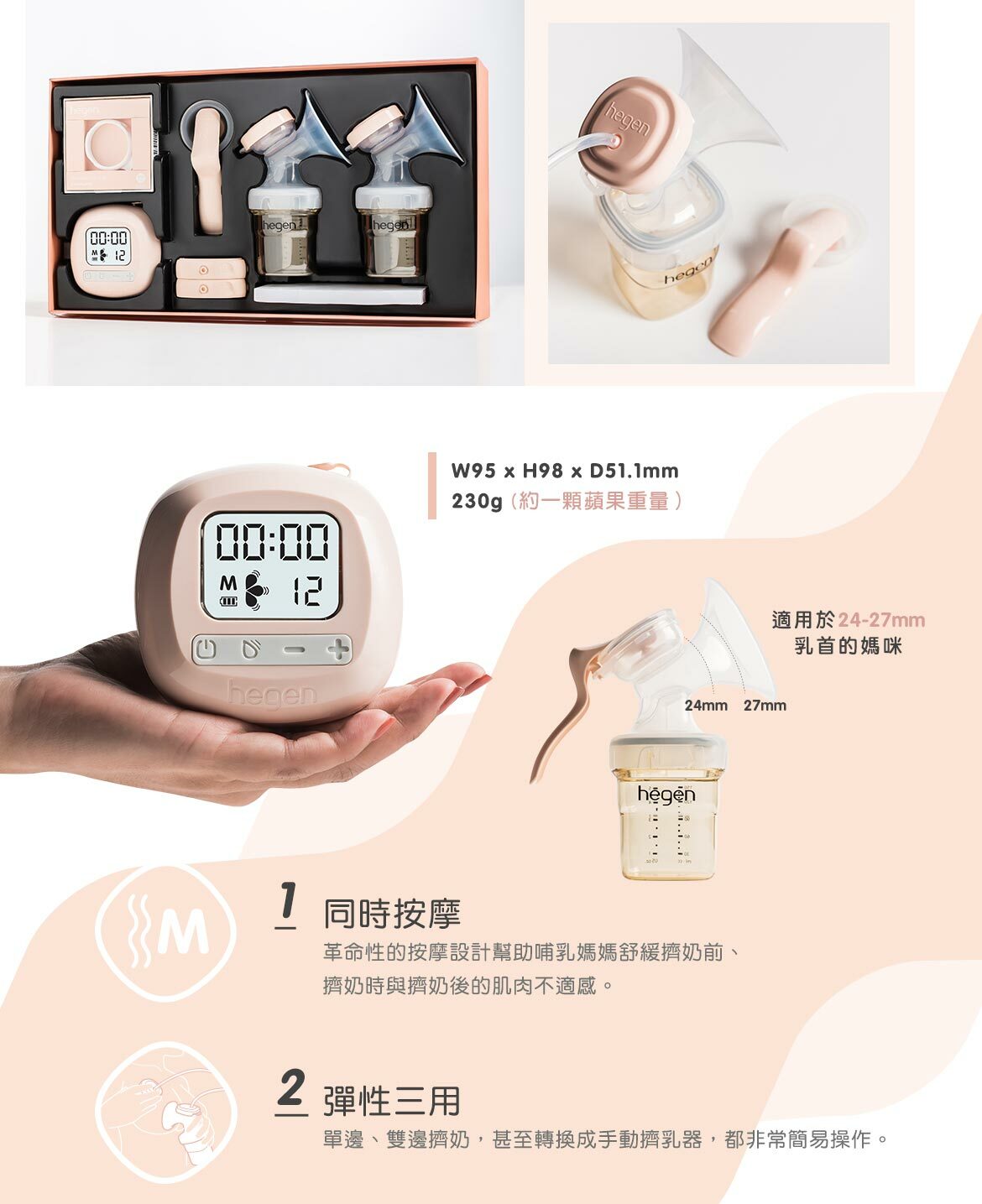 1.同時按摩 2.彈性三用 1.同時按摩 2.彈性三用