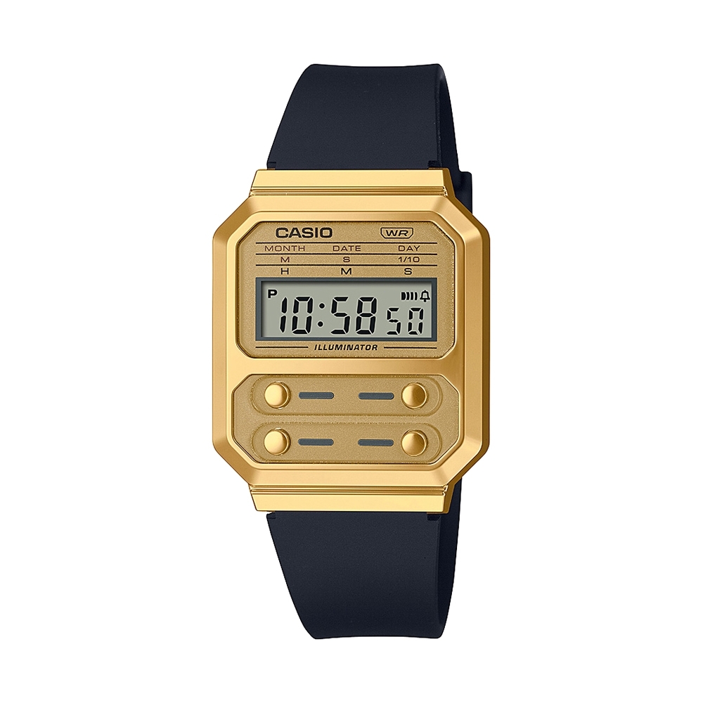 Casio A100WEFG-9A 金色 膠帶 方形復古跳字錶