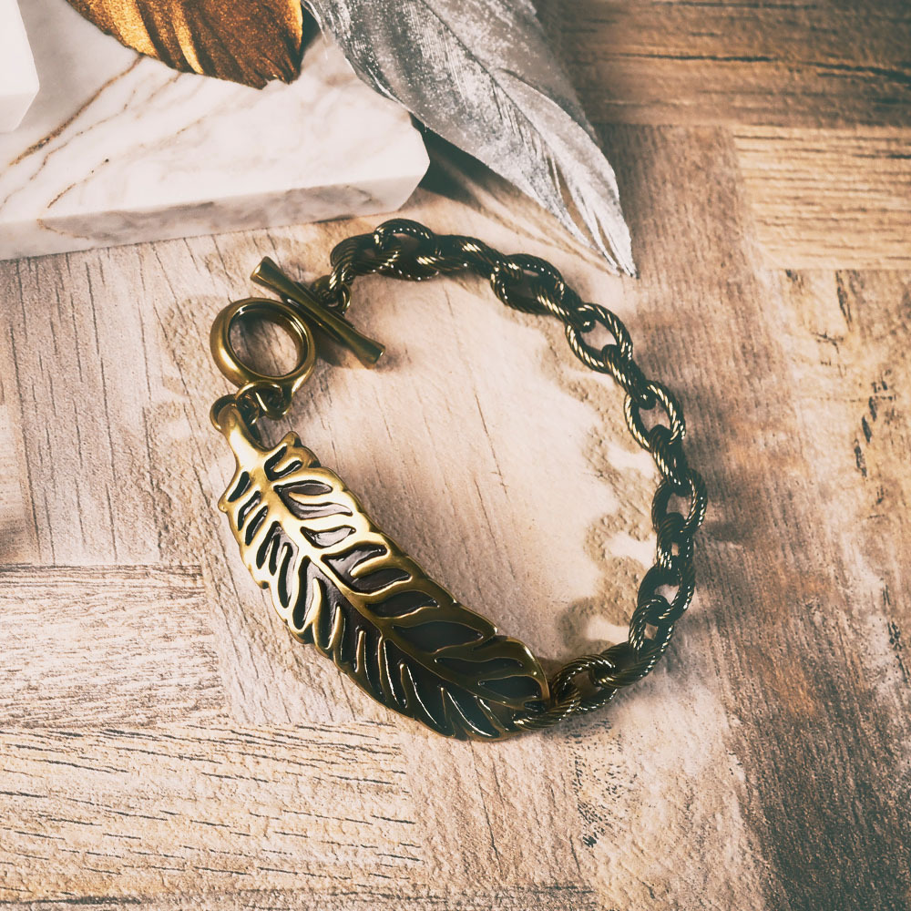 古銅羽毛 T扣造型 個性手鍊/個性飾品/手鍊 - 現貨