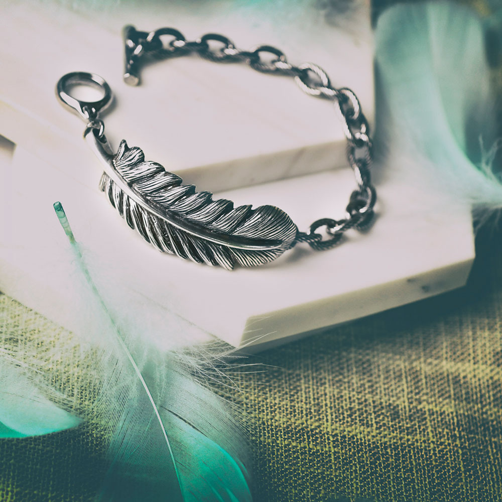 古銀羽毛 T扣造型 個性手鍊/個性飾品/手鍊 - 現貨