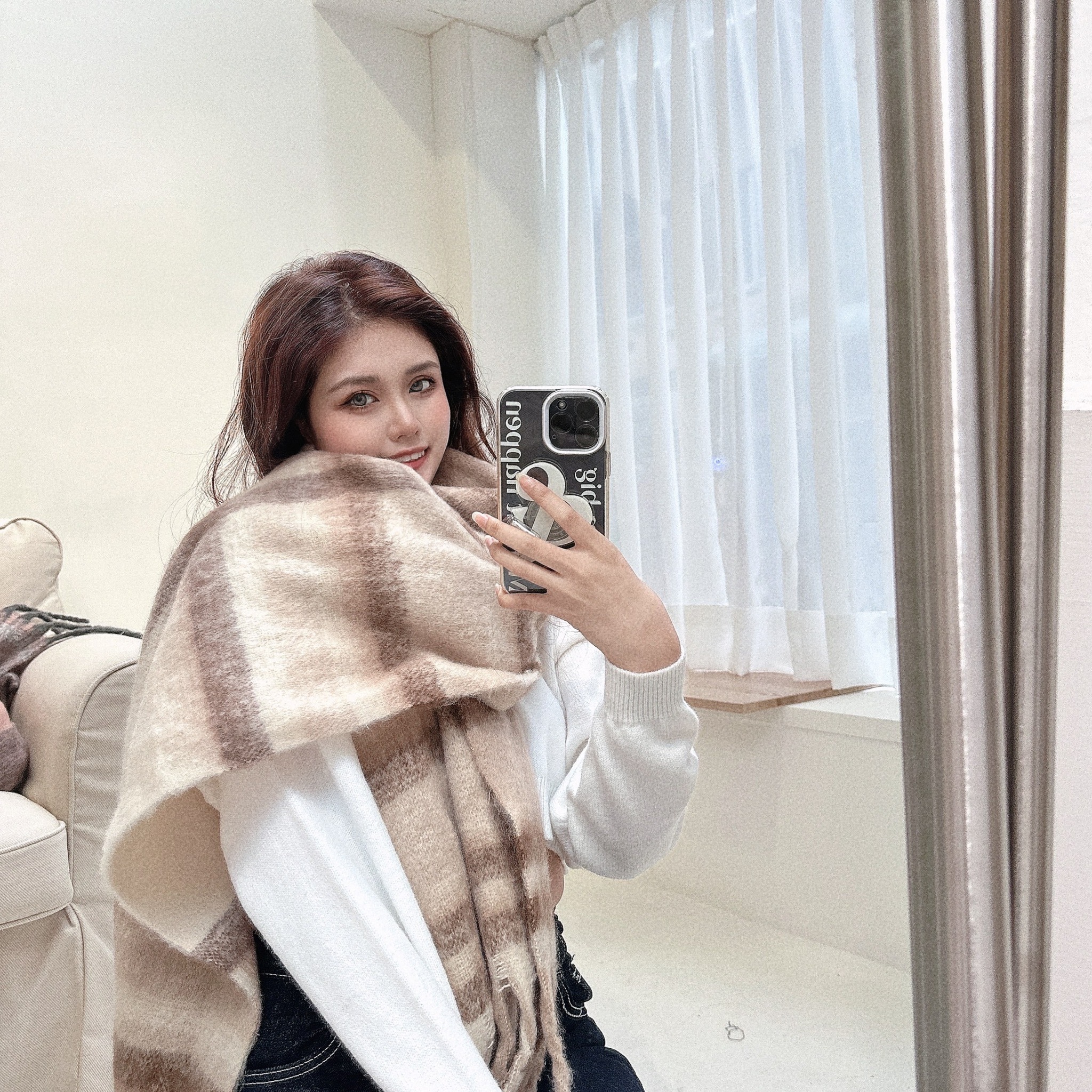 軟綿親膚羊絨格紋圍巾/四色/海毛/厚實感/保暖/軟Q/柔軟