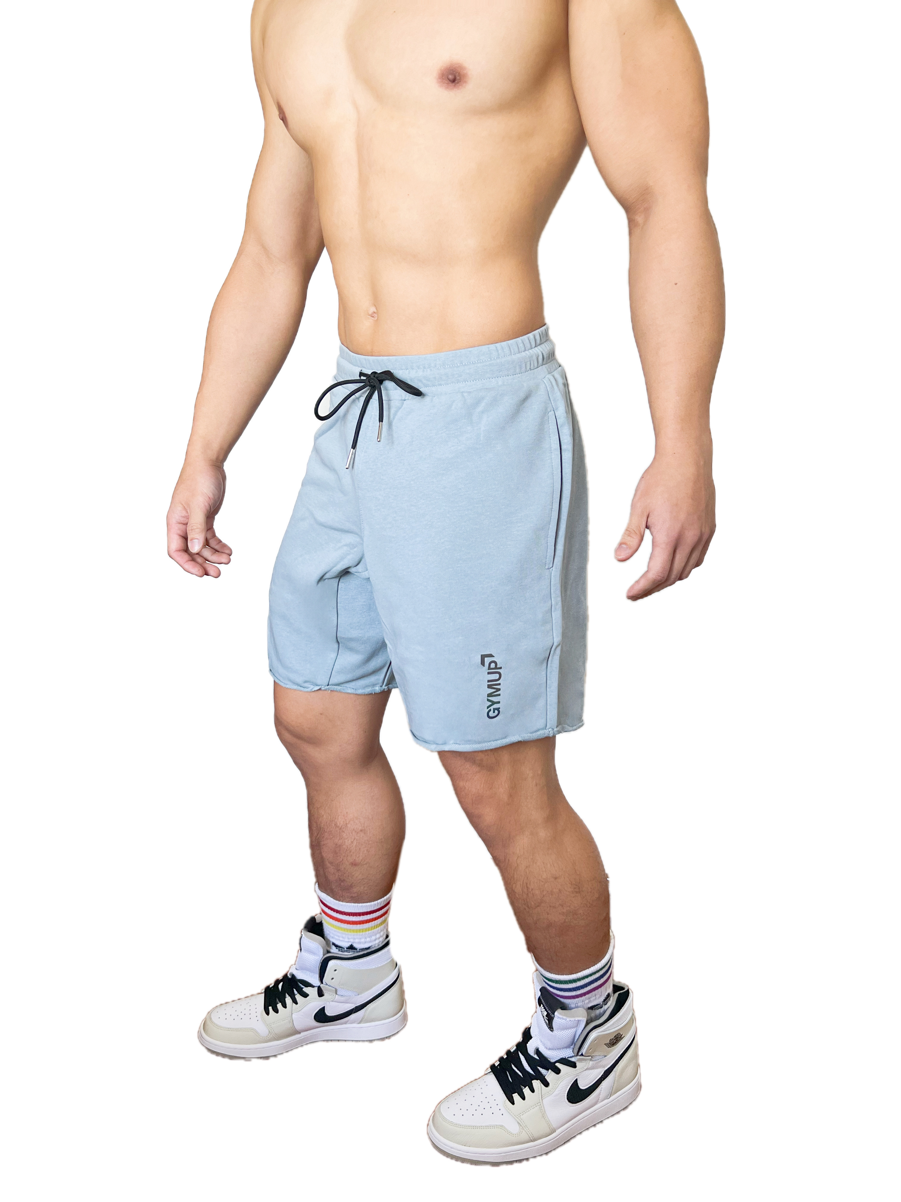 GYMUP 純棉不修邊短褲 01 淡灰藍