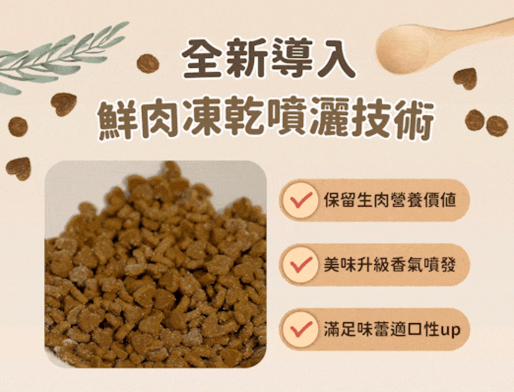 全新導入，鮮肉凍乾噴灑技術，保留生肉營養價值，美味升級香氣噴發，滿足味蕾適口性up