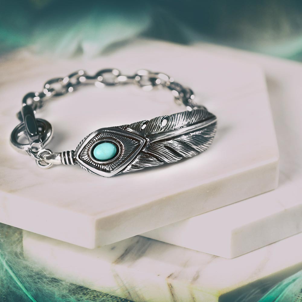 古銀松石羽毛 T扣造型 個性手鍊/個性飾品/手鍊 - 現貨