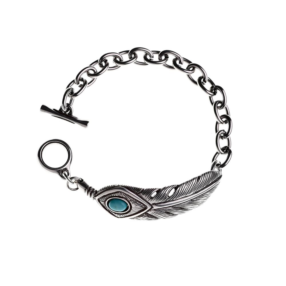 古銀松石羽毛 T扣造型 個性手鍊/個性飾品/手鍊 - 現貨