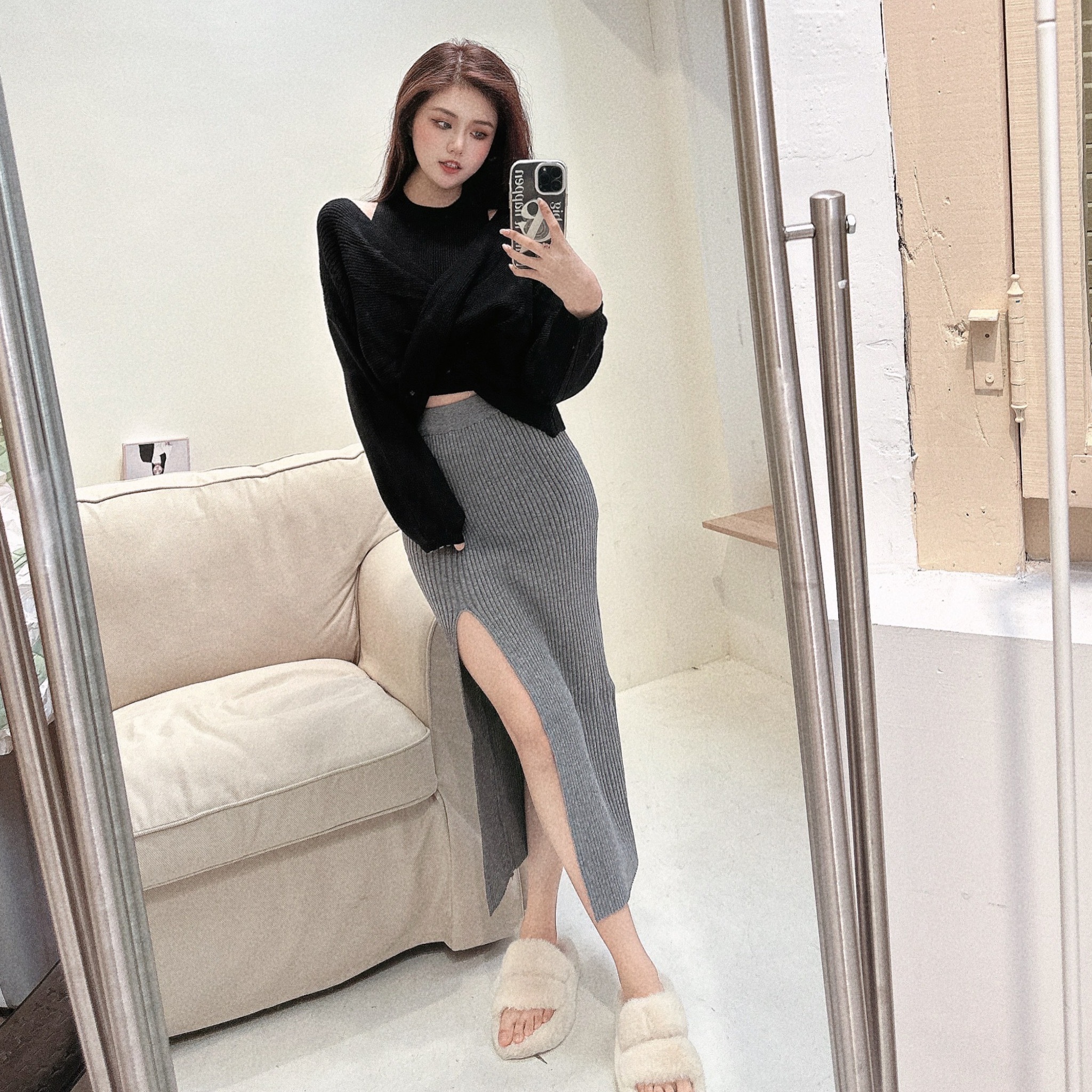 彈力坑條針織開衩長裙/三色