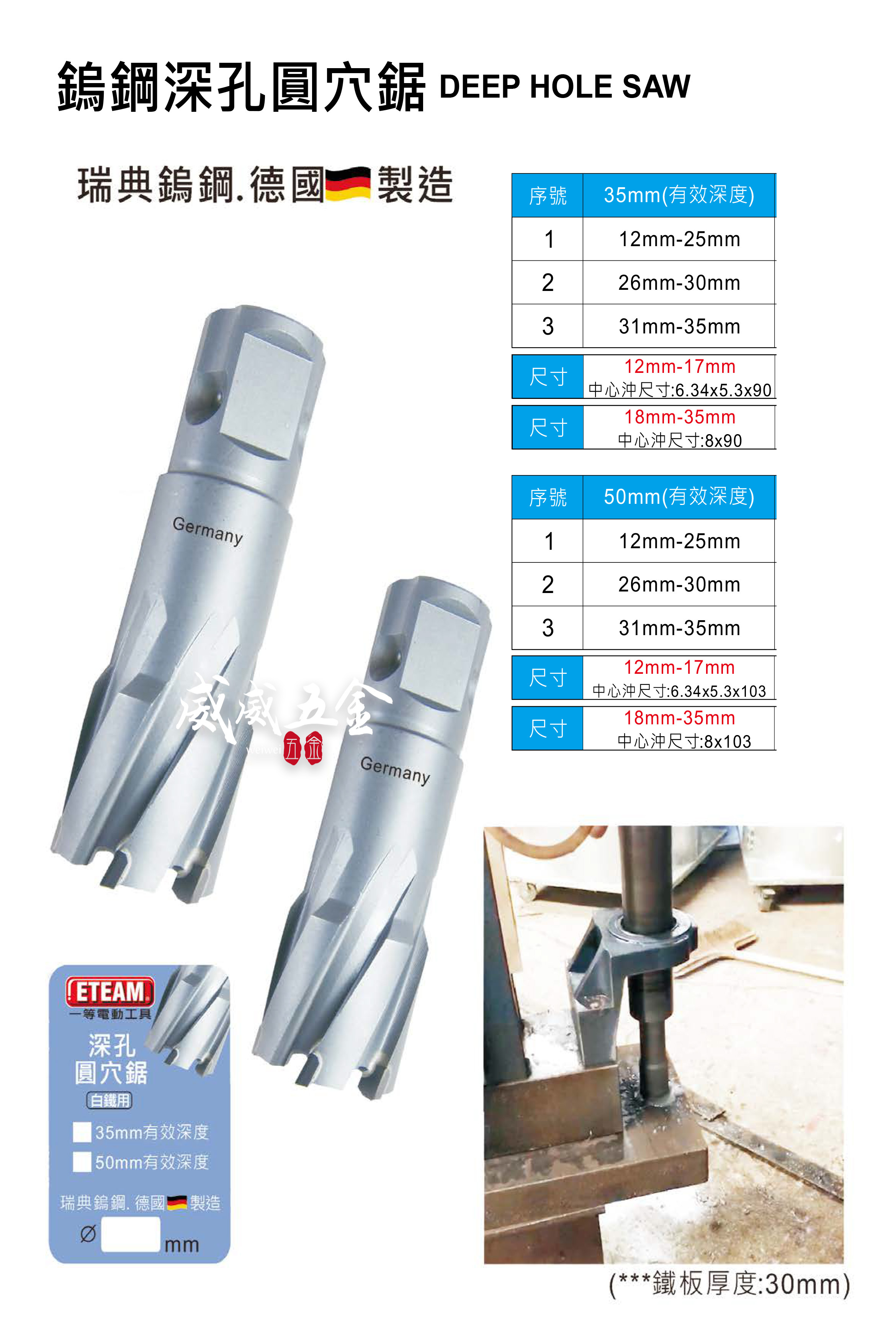ETEAM 瑞典鎢鋼 德國製 一等｜12-17mm 鎢鋼深孔穴鑽 鵭鋼穴鑽 穴孔鑽 中心鑽另購｜長50L 50mm