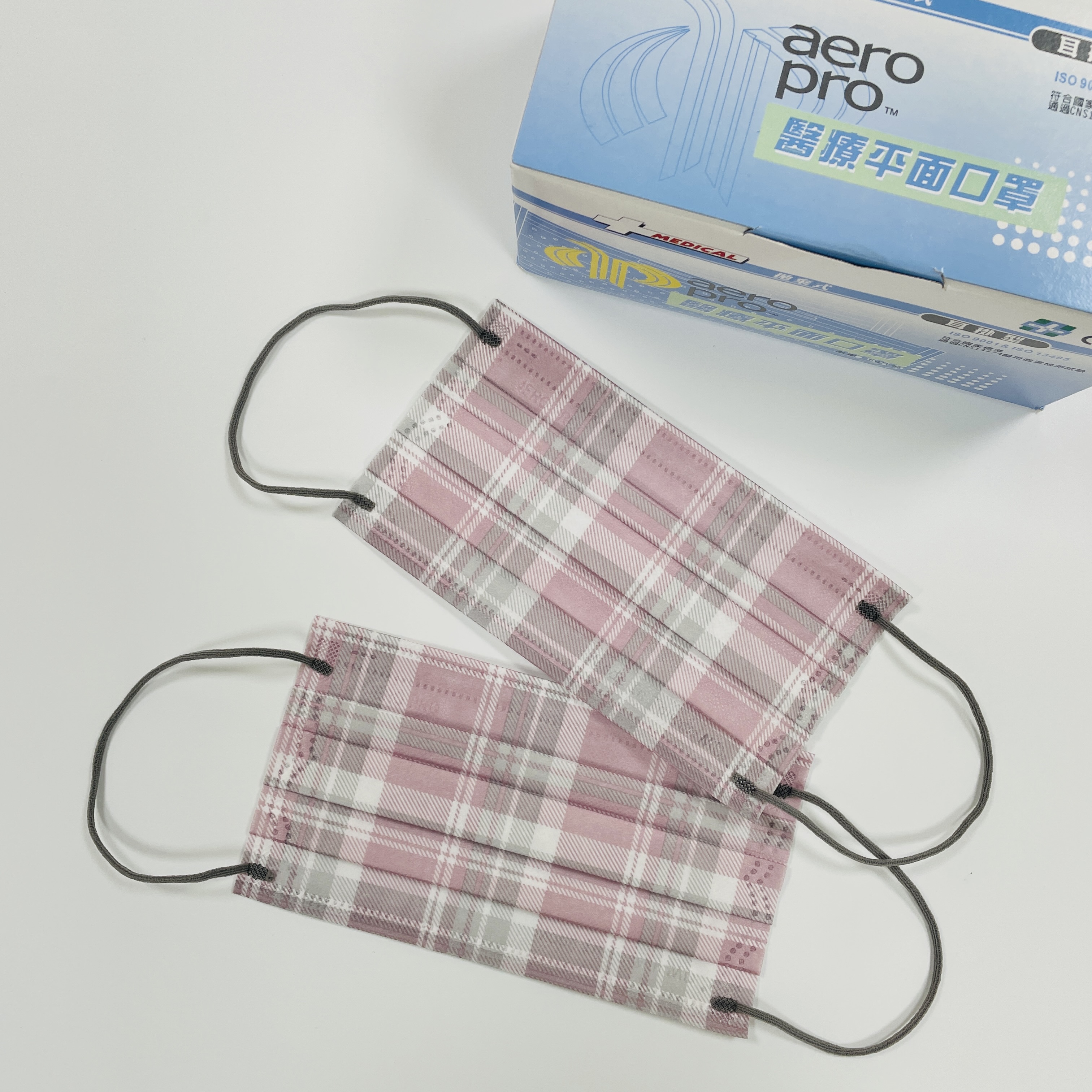 AERO PRO 格紋系列 - 灰粉色 外掛式醫用口罩 (50入/盒）