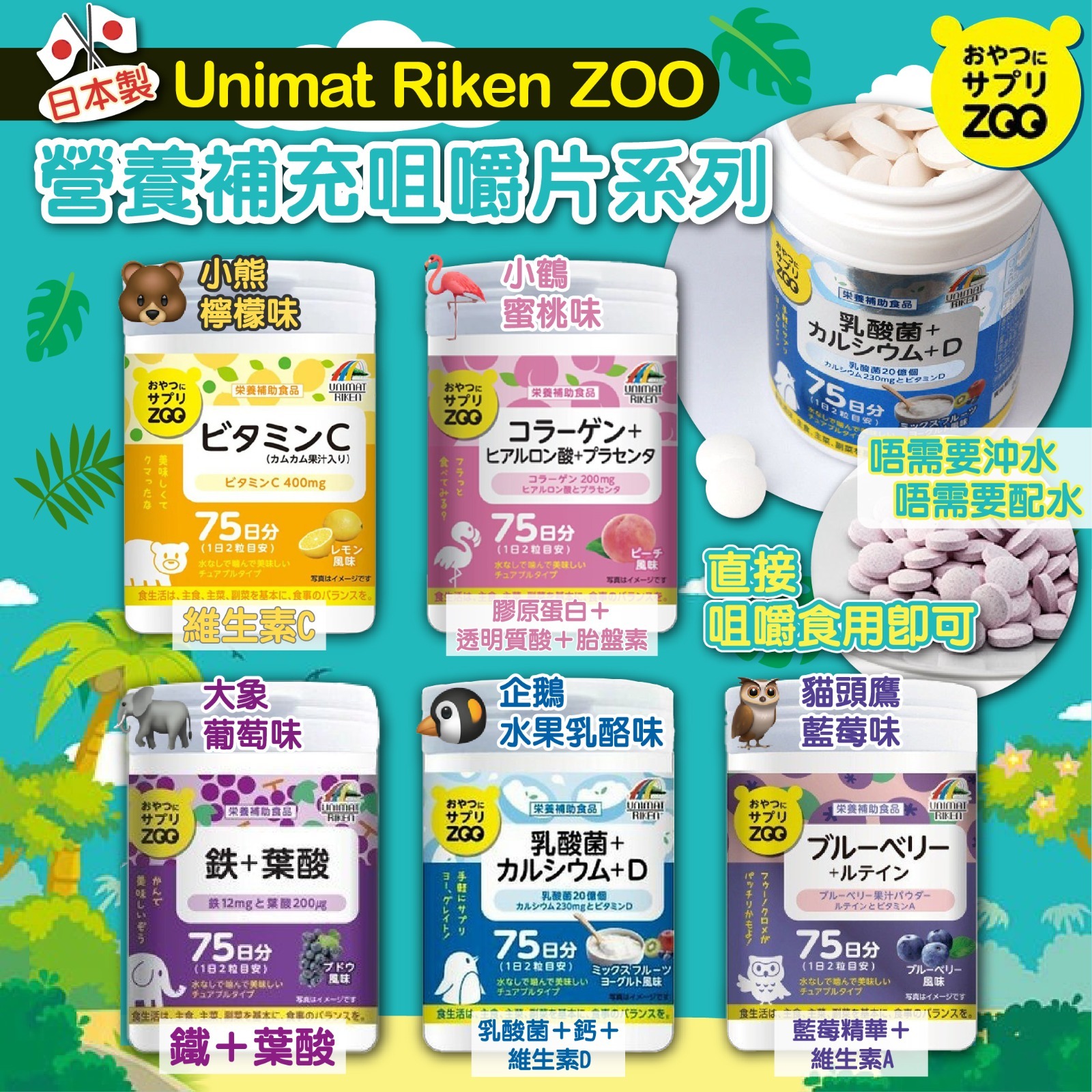 日本製UNIMAT RIKEN ZOO咀嚼片系列