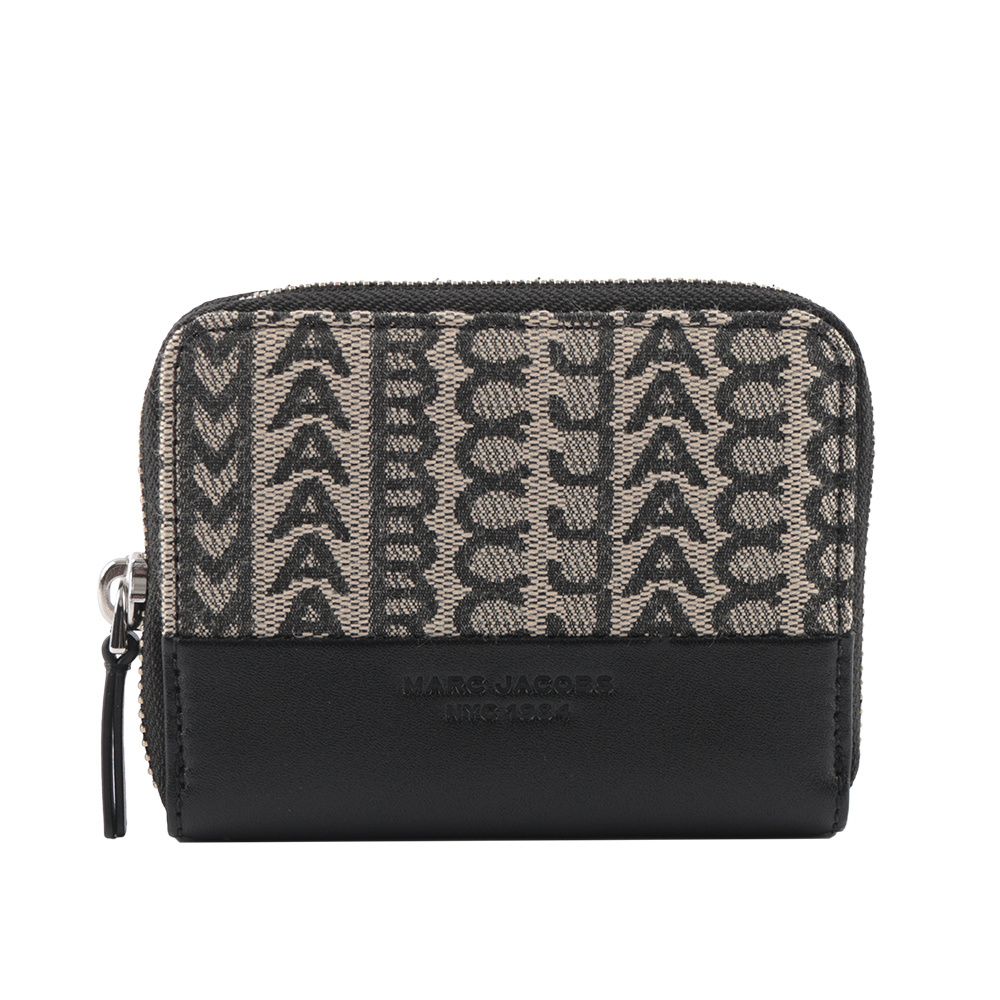 【MARC  JACOBS】THE MONOGRAM 滿版標誌ㄇ型拉鍊卡夾/零錢包(黑色/深米色)