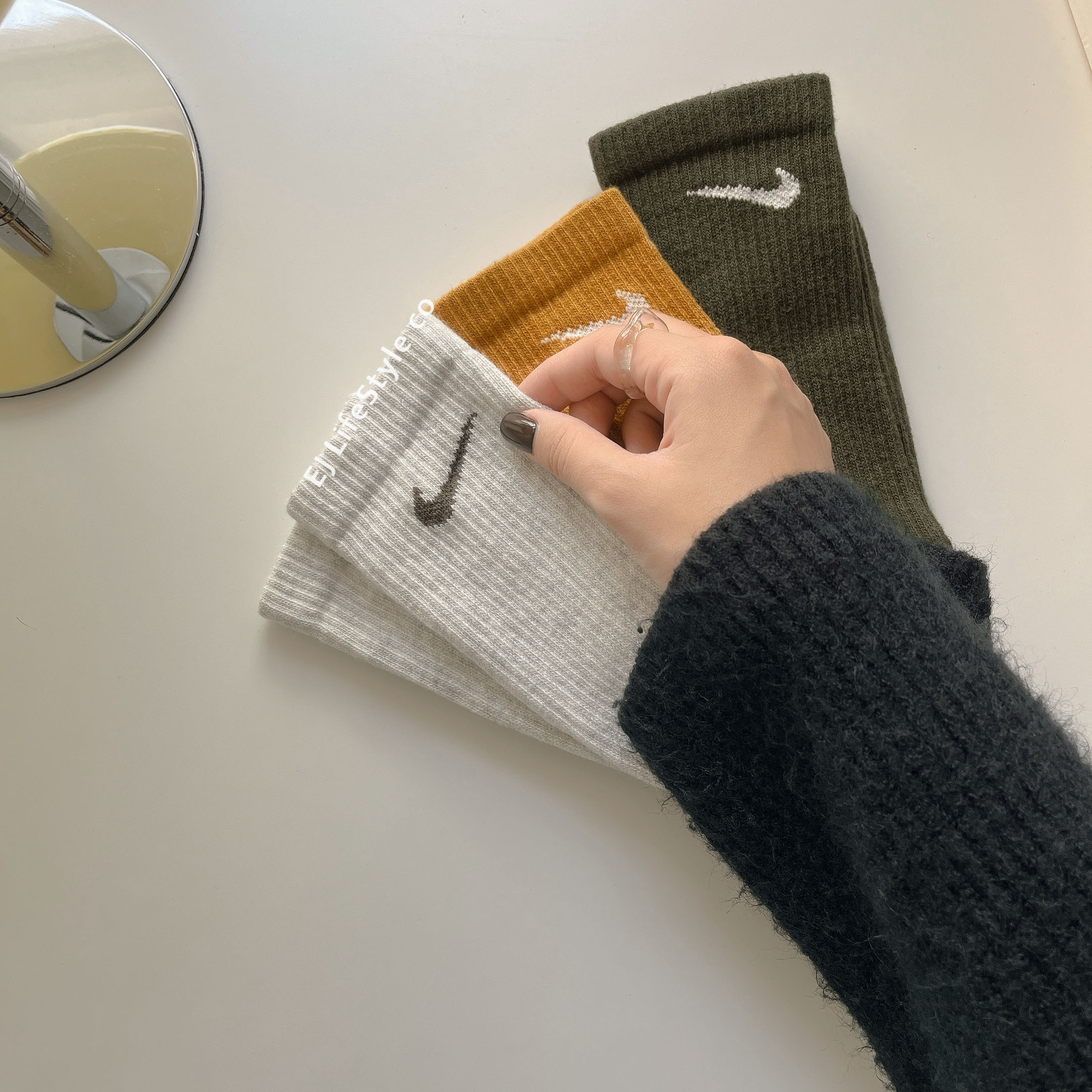 NIKE 三雙一組 灰 芥末黃 軍綠 長襪 薄款 DC7537-909 / 現貨