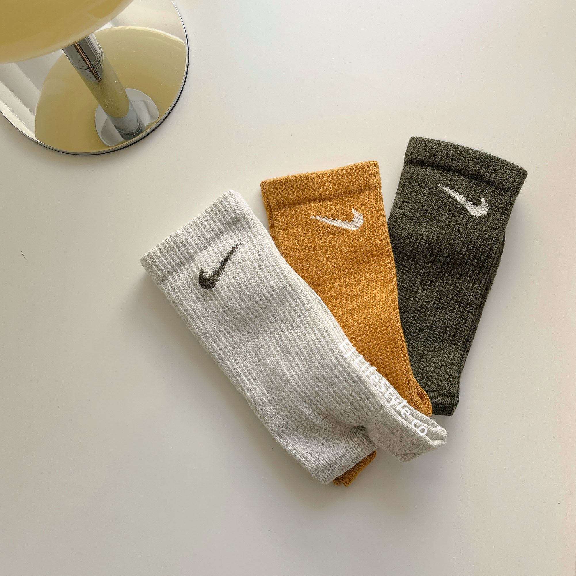 NIKE 三雙一組 灰 芥末黃 軍綠 長襪 薄款 DC7537-909 / 現貨