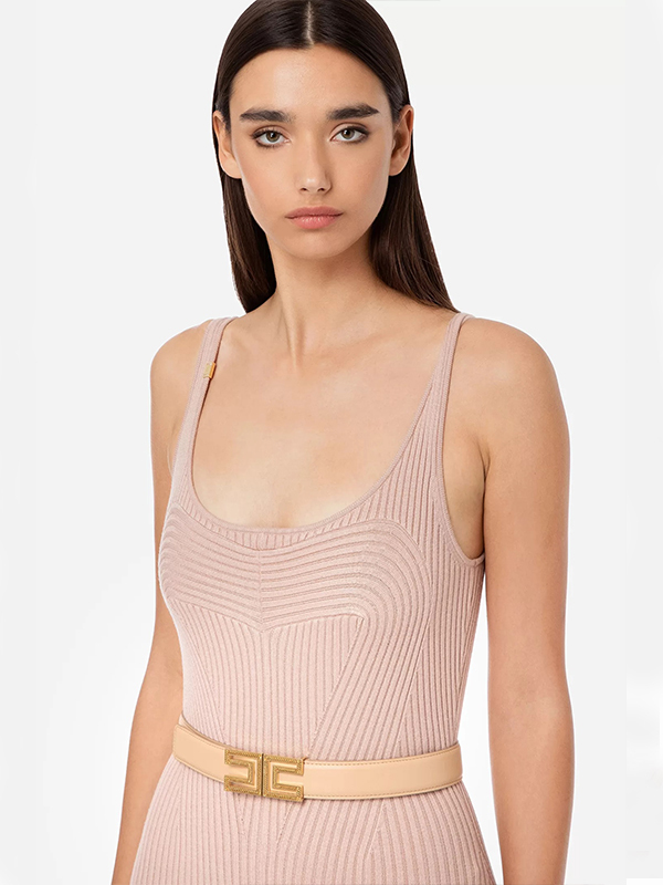 ElisabettaFranchi LOGO鍊條皮革腰帶 (粉膚)