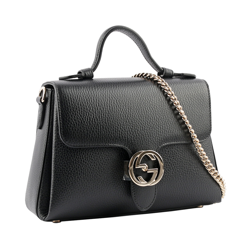 【GUCCI】金屬雙G Logo 荔枝皮革梯形二用鍊包