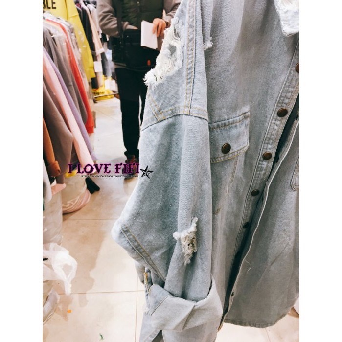 Korea韓國連線正韓高質 BOY男友風玫瑰刺繡刷破淺藍牛仔襯衫外套