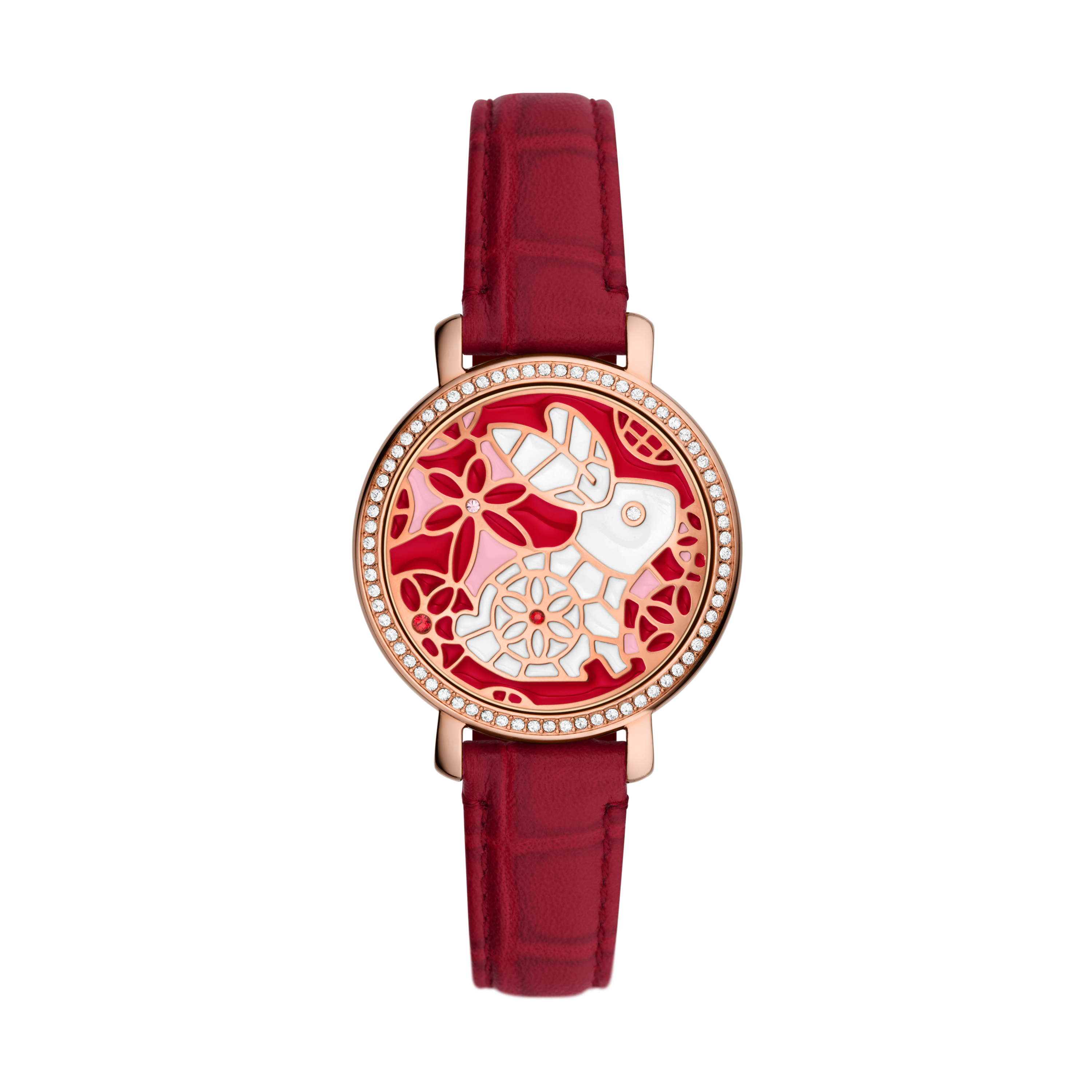 Jacqueline 環鑽迎春雕花兔翻轉女錶 紅色皮革錶帶 34MM ES5248