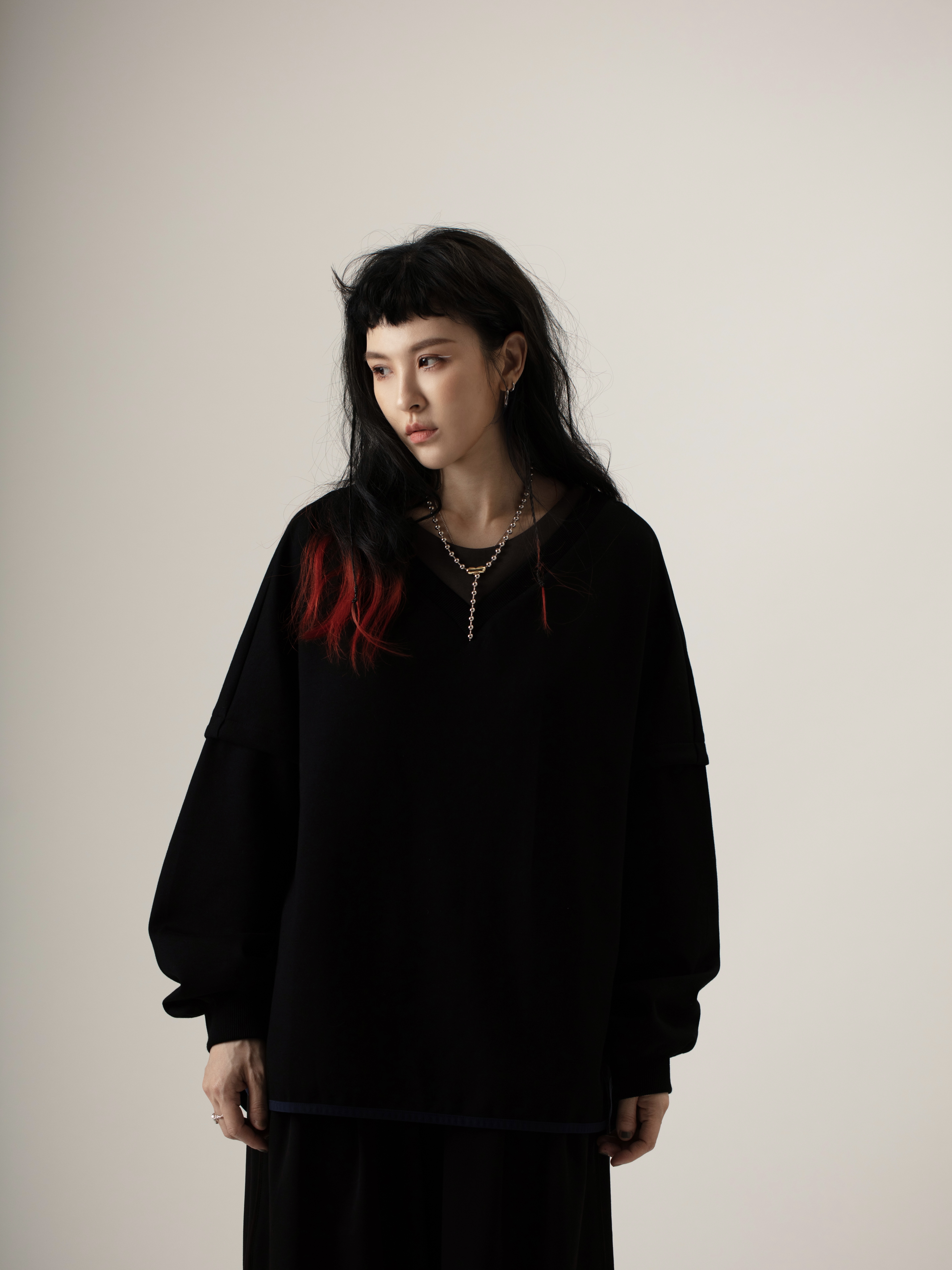 Double-Layer Neck Long Sleeve Tee | Black